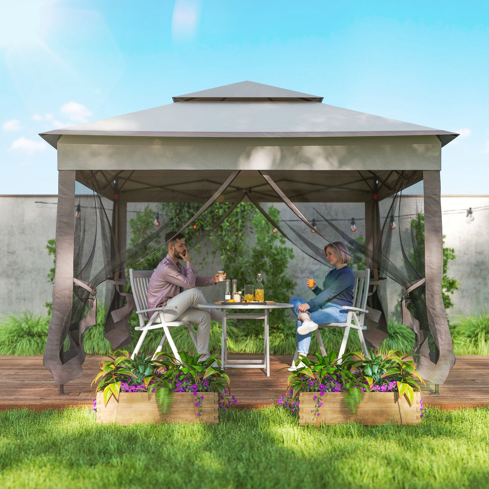 3 x 3(m) Pop Up Gazebo, Marquee Party Tent with Double Tier Roof, Netting and Carry Bag, Event Shelter for Outdoor Patio, Light Grey
