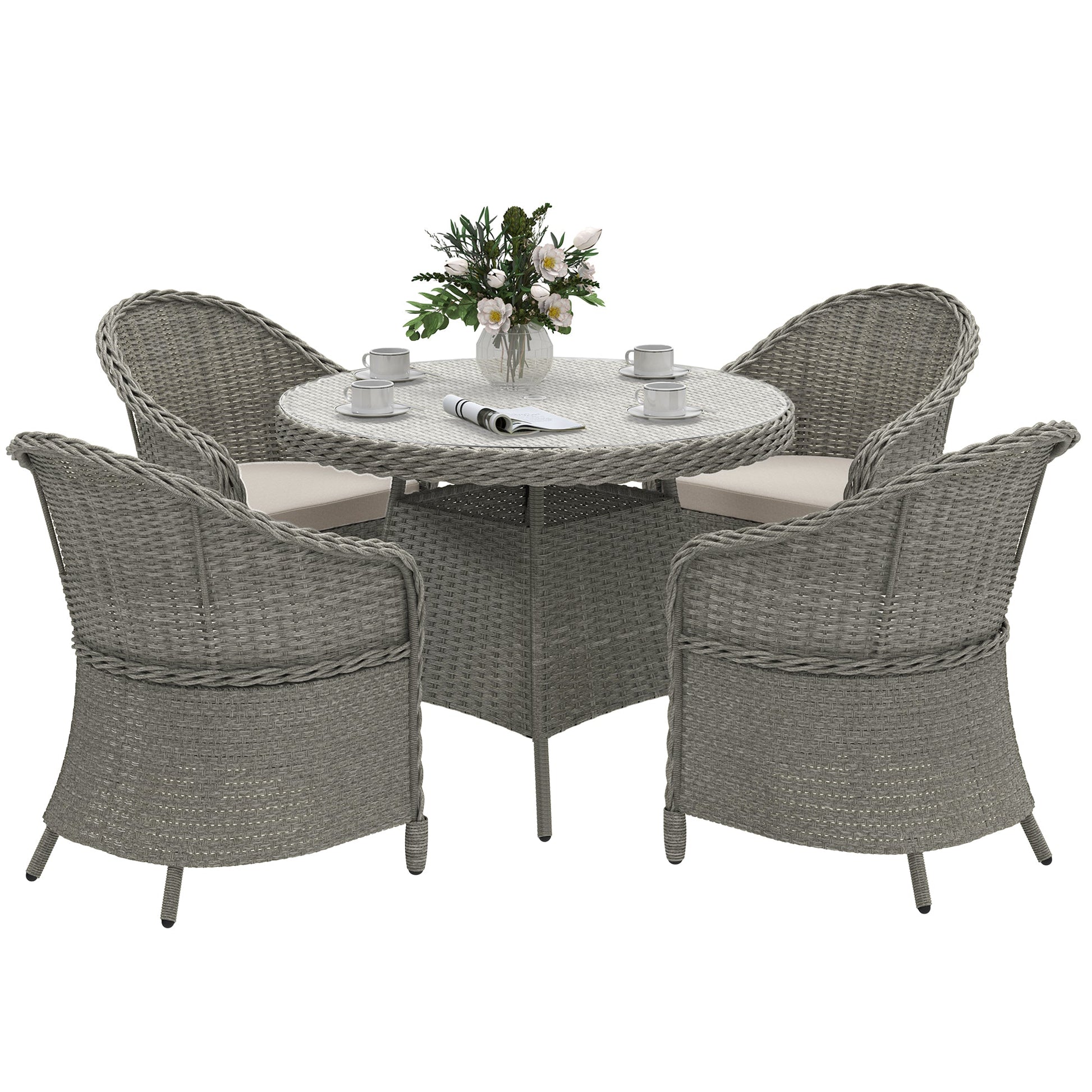 4 Seater Rattan Garden Furniture Set with Cushions, Round PE Rattan Dining Set with Glass-Top Table, Umbrella Hole, Outdoor Garden Table and Chairs, Grey