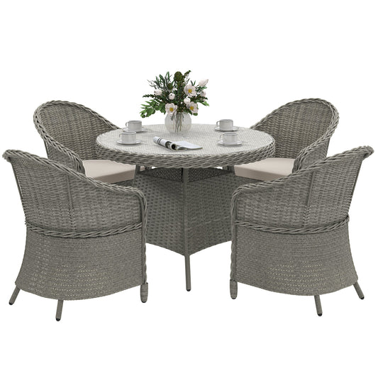 4 Seater Rattan Garden Furniture Set with Cushions, Round PE Rattan Dining Set with Glass-Top Table, Umbrella Hole, Outdoor Garden Table and Chairs, Grey