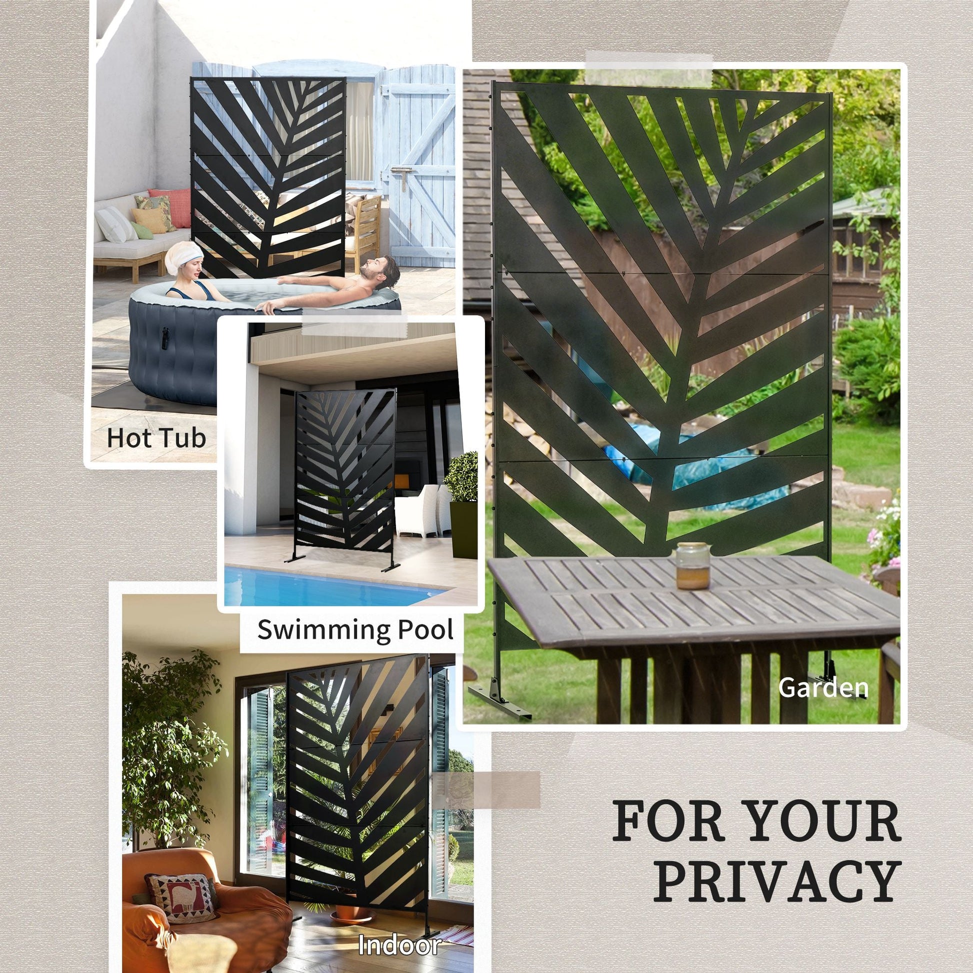 Decorative Privacy Screen with Stand, 6.5FT Freestanding Metal Outdoor Divider, Decorative Privacy Panel with Expansion Screws for Garden Patio Pool Hot Tub, Banana Leaf Style, Black