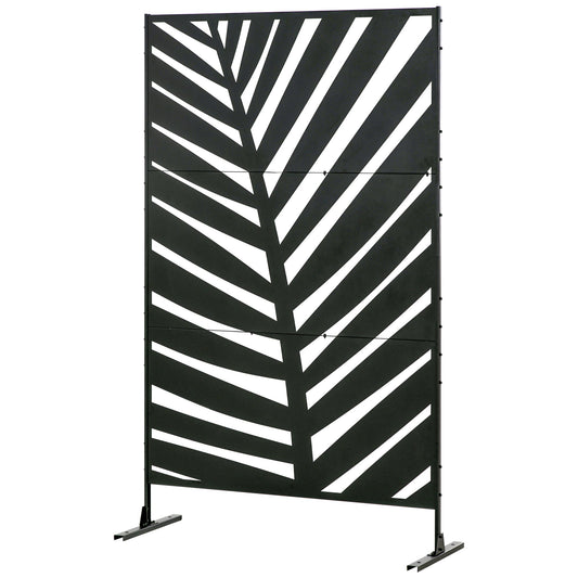 Decorative Privacy Screen with Stand, 6.5FT Freestanding Metal Outdoor Divider, Decorative Privacy Panel with Expansion Screws for Garden Patio Pool Hot Tub, Banana Leaf Style, Black