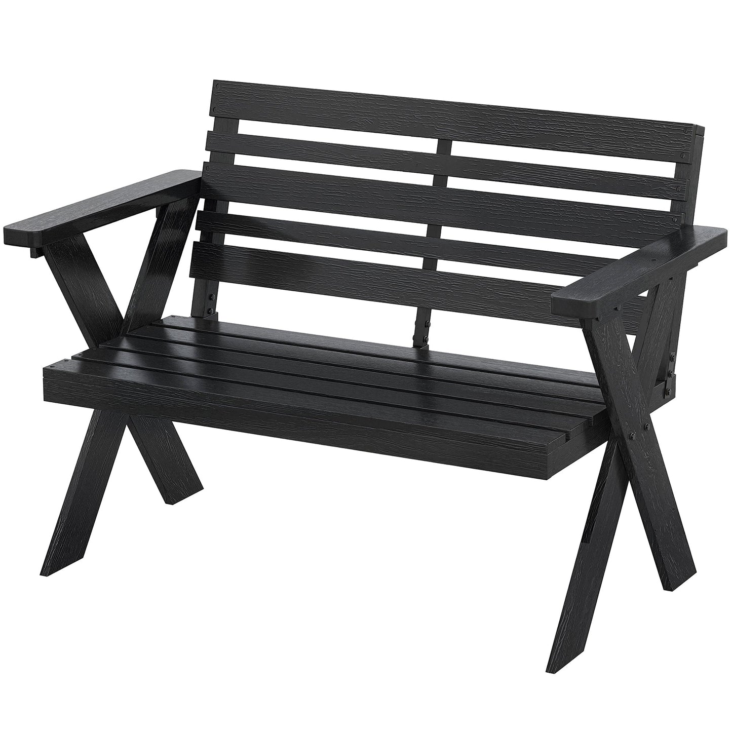 2 Seater Wooden Garden Bench, Slatted Patio Bench with Armrest and Backrest, Outdoor Furniture with X-Frame Legs for Park, Balcony, Terrace, Black