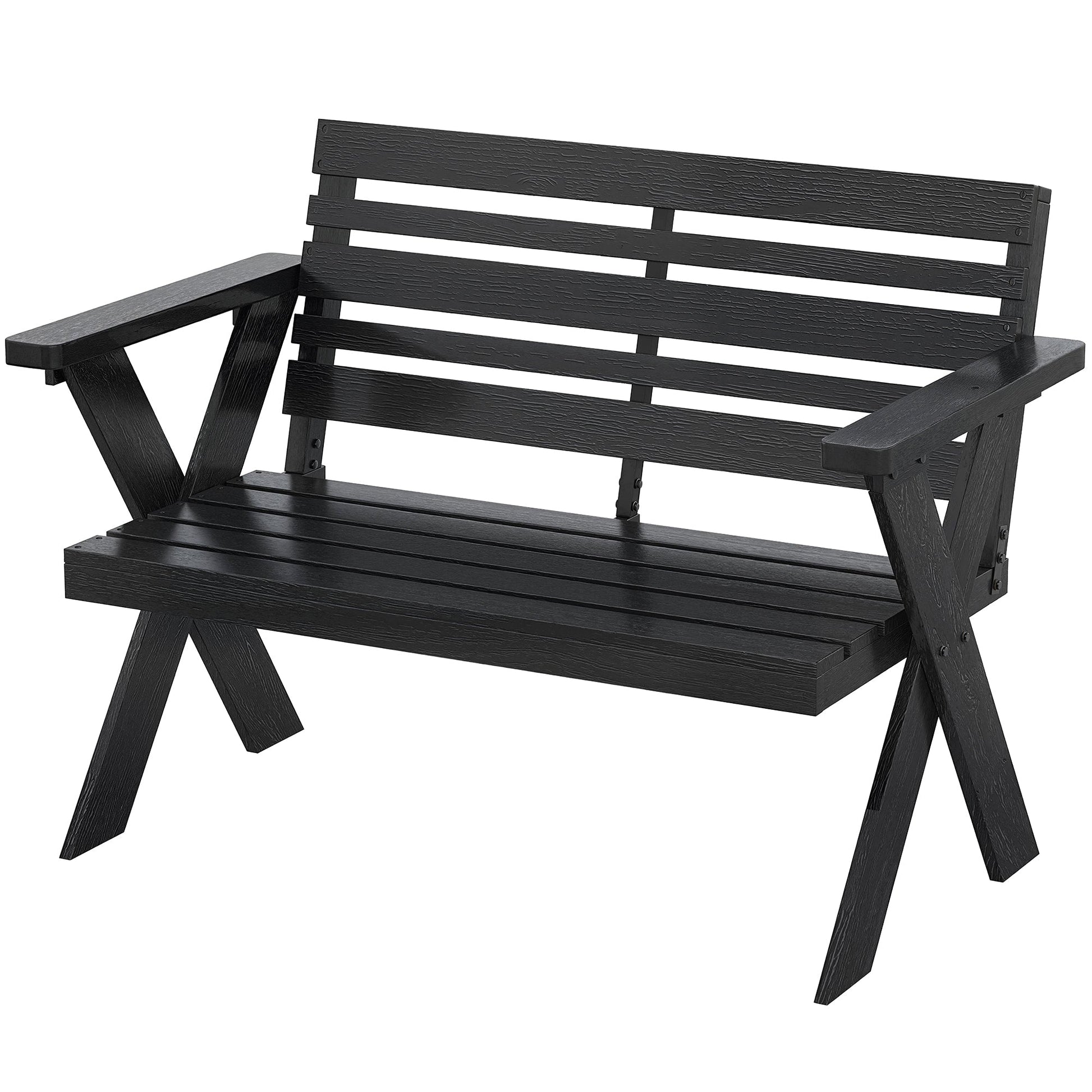 2 Seater Wooden Garden Bench, Slatted Patio Bench with Armrest and Backrest, Outdoor Furniture with X-Frame Legs for Park, Balcony, Terrace, Black