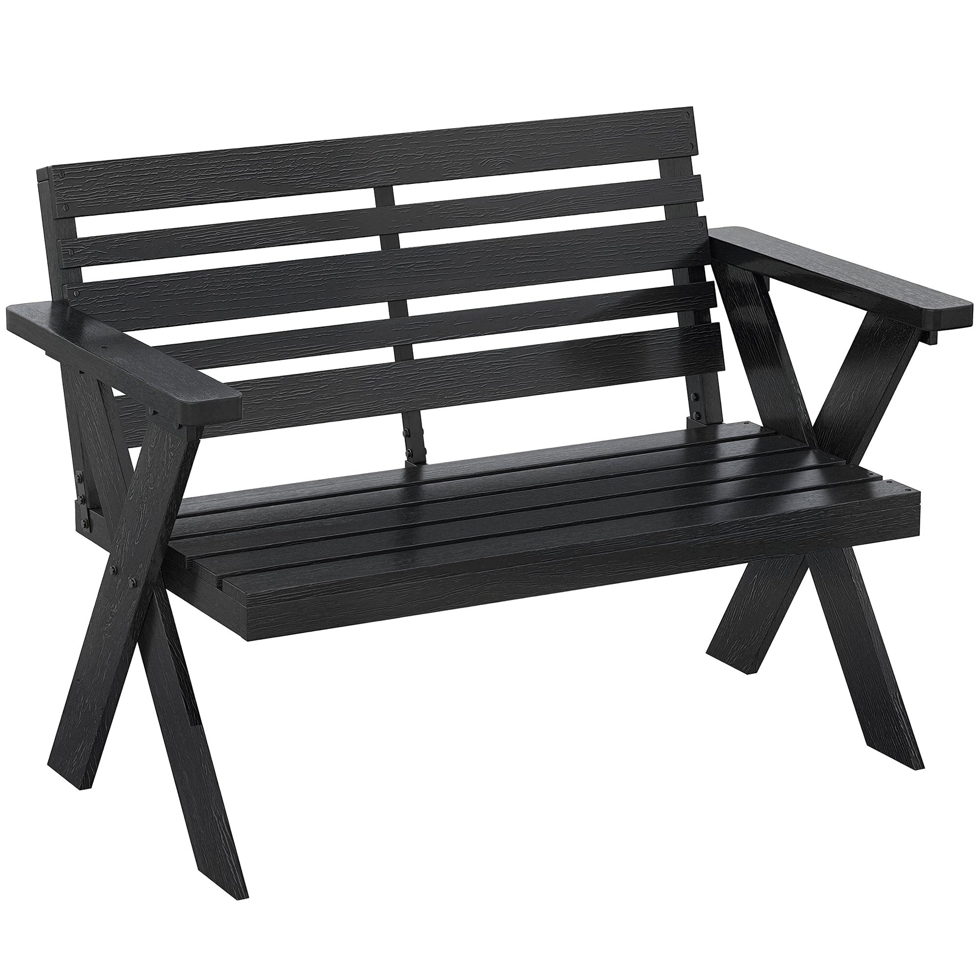 2 Seater Wooden Garden Bench, Slatted Patio Bench with Armrest and Backrest, Outdoor Furniture with X-Frame Legs for Park, Balcony, Terrace, Black