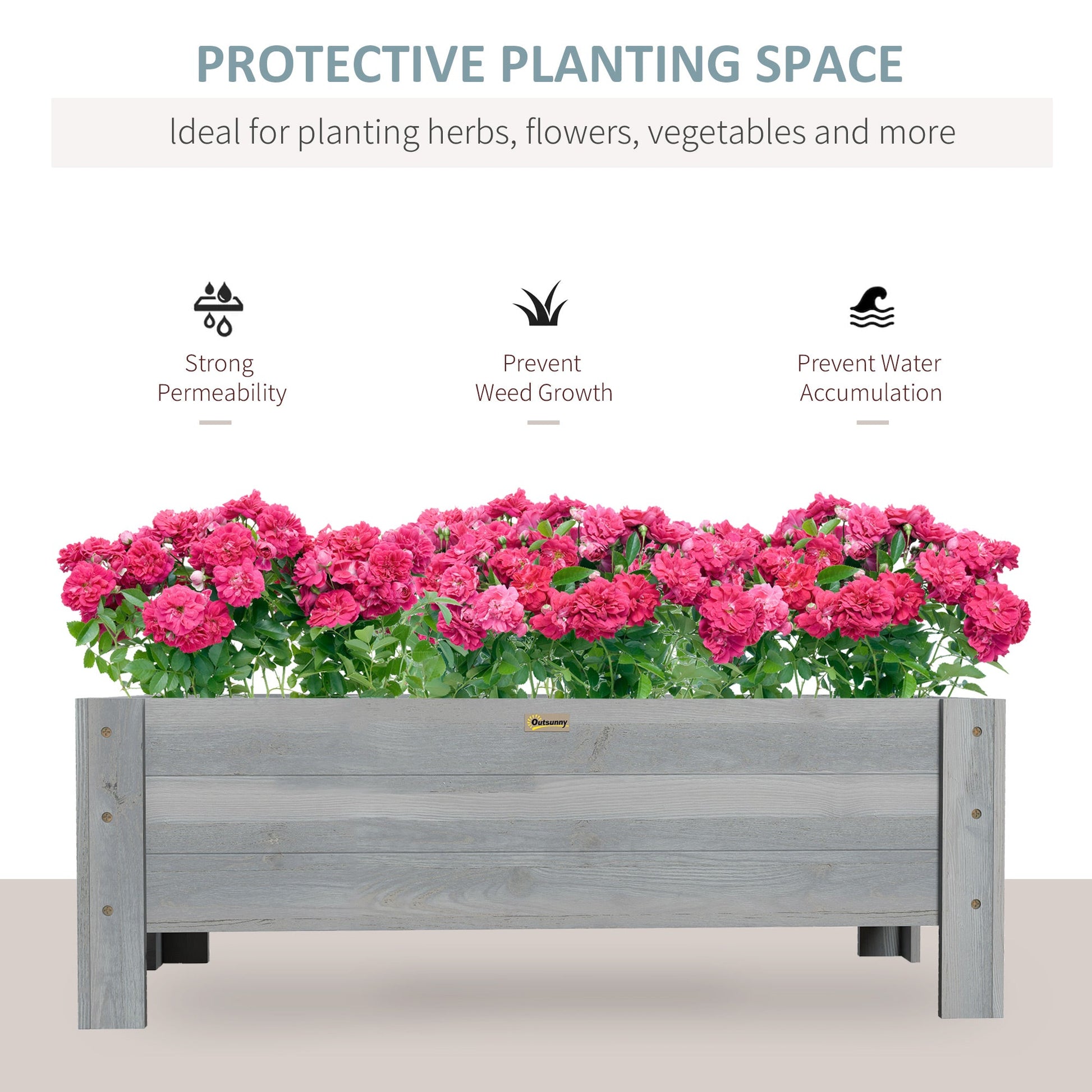 58L Garden Raised Bed Planter Grow Containers for Outdoor Patio Plant Flower Vegetable Pot Fir Wood, 100 x 36.5 x 36 cm, Grey