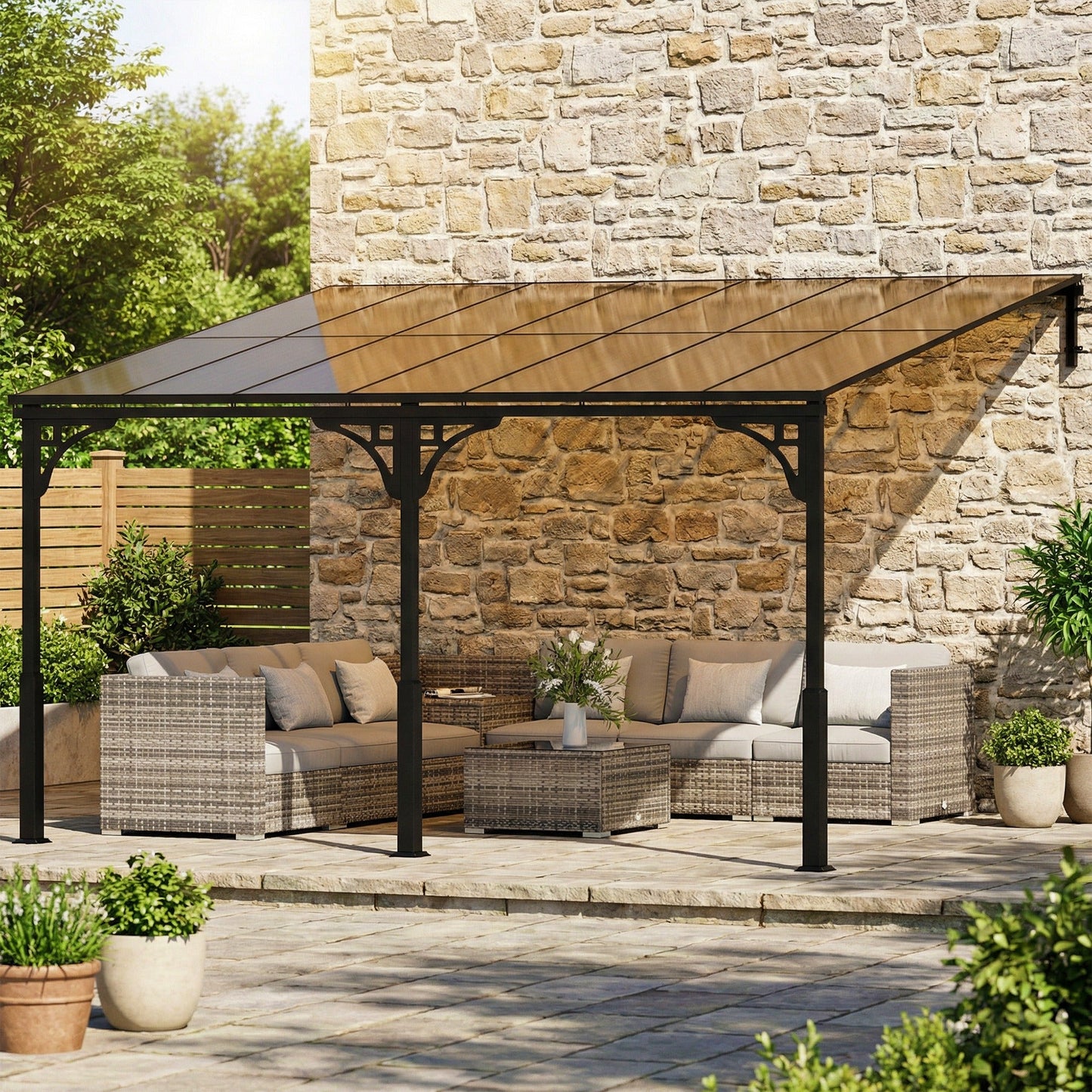 4 x 3 m Metal Lean-to Pergola, Wall-Mounted Garden Pergola with Polycarbonate Roof and Metal-Aluminium Frame, Heavy Duty Hardtop Gazebo for Outdoor Patios, BBQ, Brown