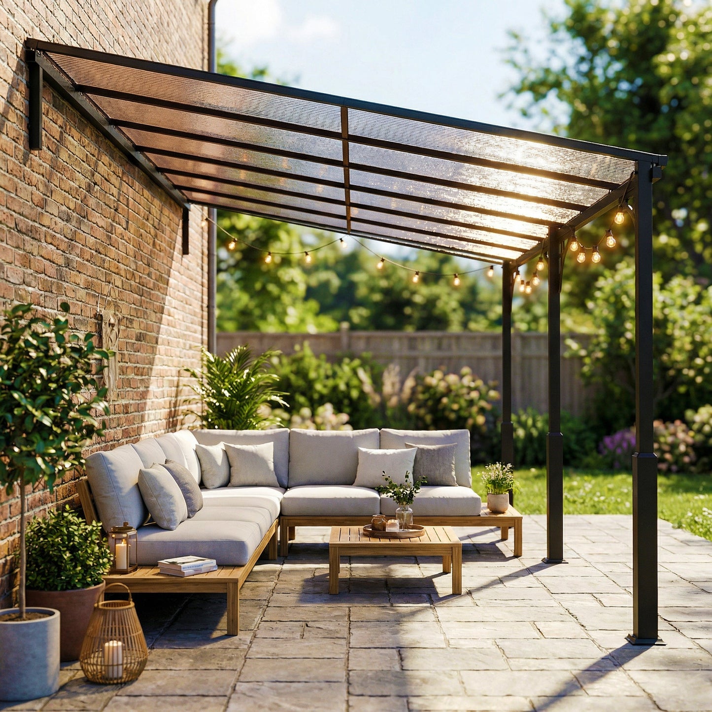 4 x 3 m Metal Lean-to Pergola, Wall-Mounted Garden Pergola with Polycarbonate Roof and Metal-Aluminium Frame, Heavy Duty Hardtop Gazebo for Outdoor Patios, BBQ, Brown