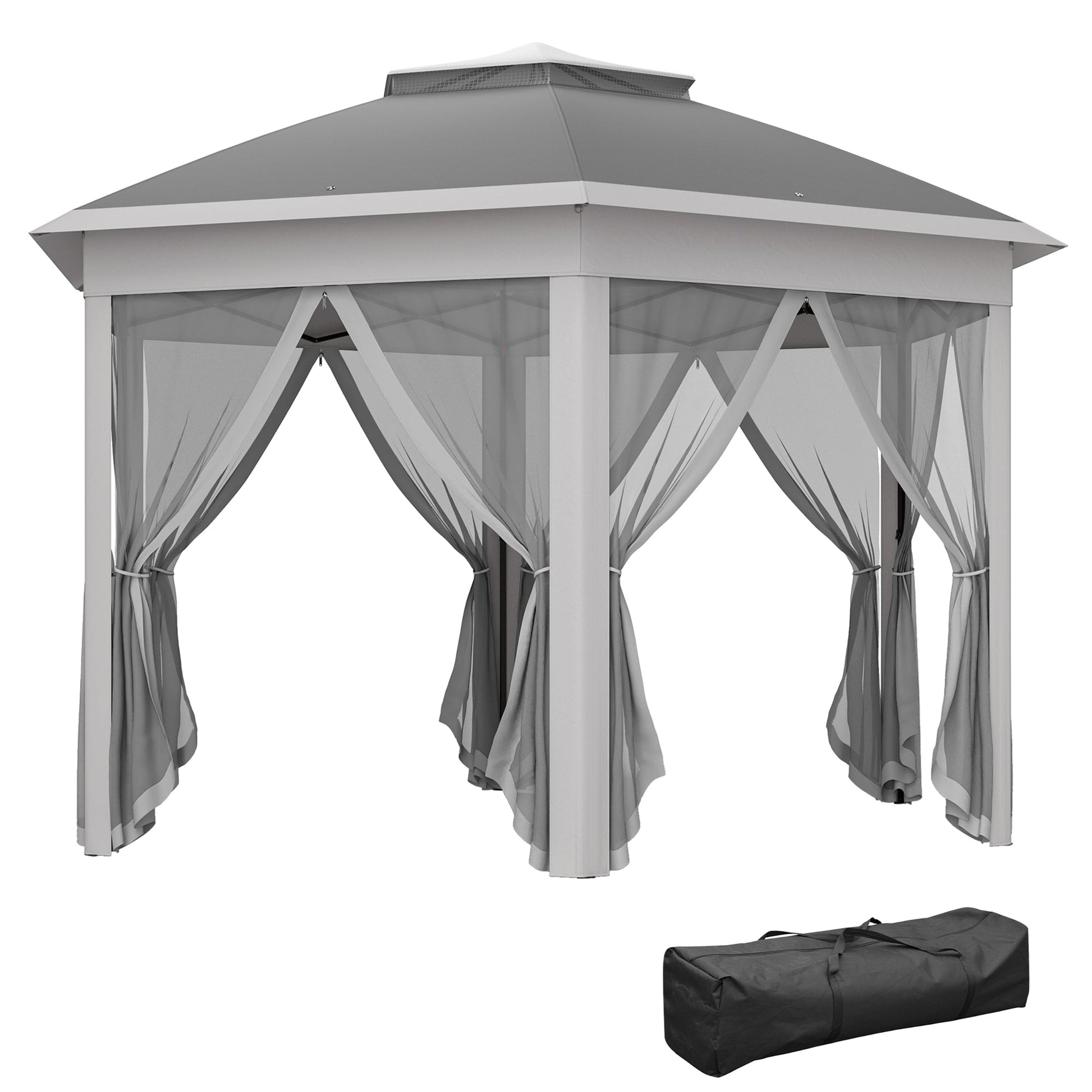 3 x 4m Garden Gazebo Hexagon Pop Up Party Tent Canopy Double Roof Instant Shelter with Netting and Carry Bag for Outdoor Patio, Dark Grey
