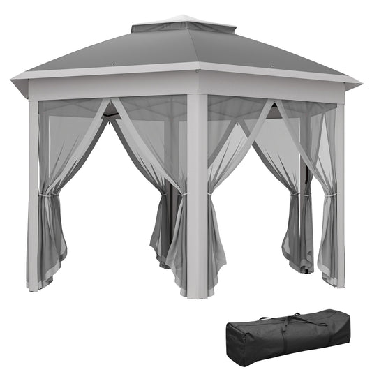 3 x 4m Garden Gazebo Hexagon Pop Up Party Tent Canopy Double Roof Instant Shelter with Netting and Carry Bag for Outdoor Patio, Dark Grey