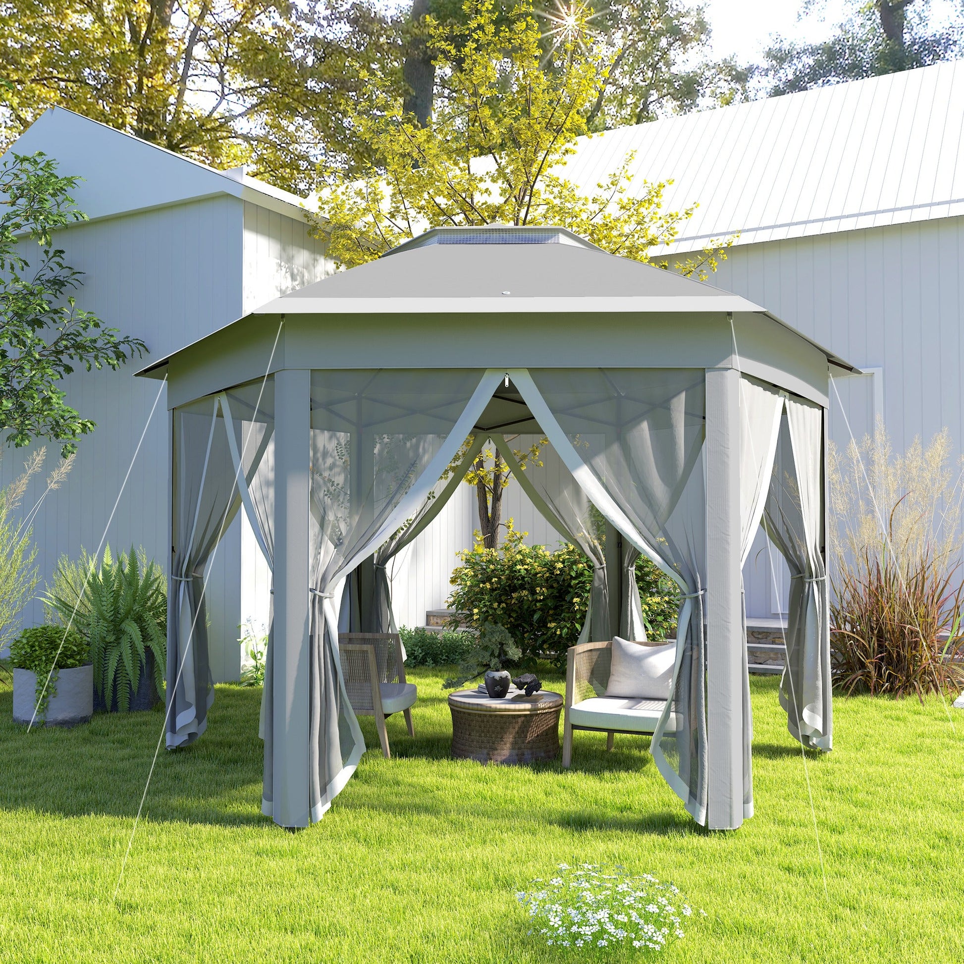 3 x 4m Garden Gazebo Hexagon Pop Up Party Tent Canopy Double Roof Instant Shelter with Netting and Carry Bag for Outdoor Patio, Dark Grey