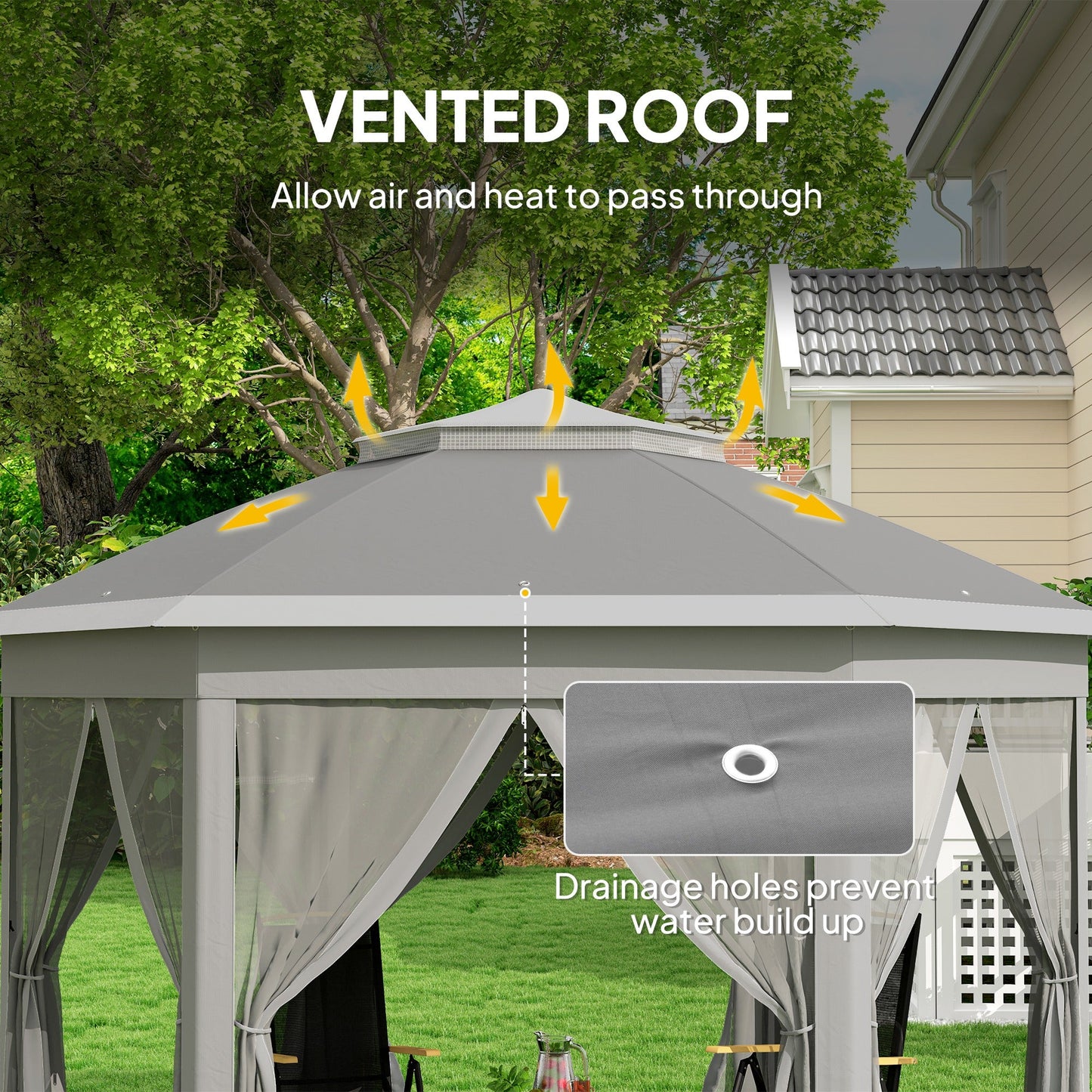 3 x 4m Garden Gazebo Hexagon Pop Up Party Tent Canopy Double Roof Instant Shelter with Netting and Carry Bag for Outdoor Patio, Dark Grey