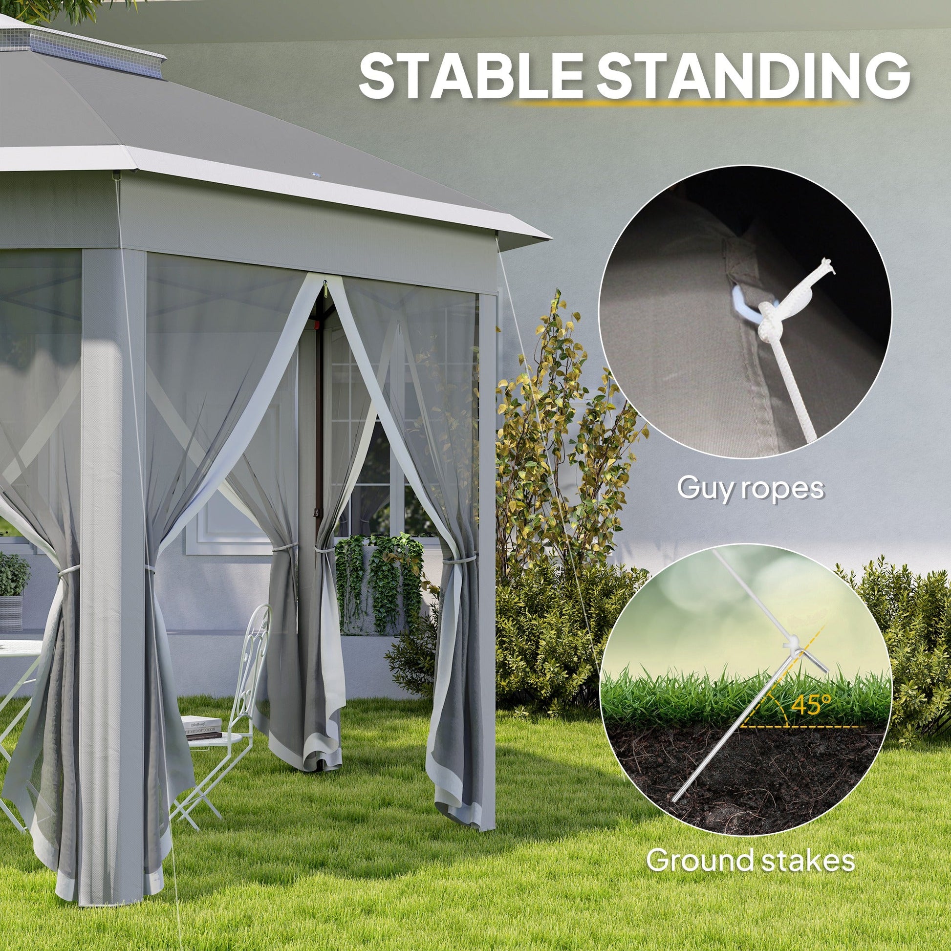 3 x 4m Garden Gazebo Hexagon Pop Up Party Tent Canopy Double Roof Instant Shelter with Netting and Carry Bag for Outdoor Patio, Dark Grey