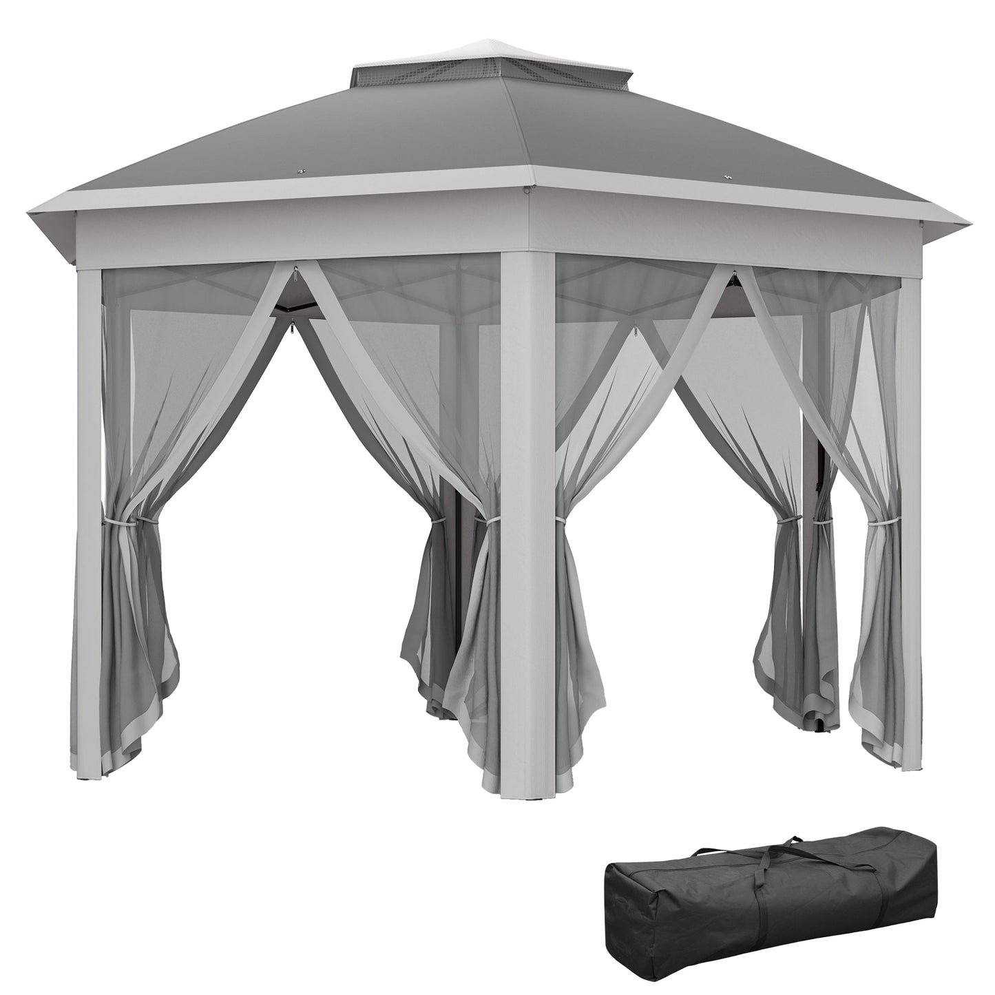 3 x 4m Garden Gazebo Hexagon Pop Up Party Tent Canopy Double Roof Instant Shelter with Netting and Carry Bag for Outdoor Patio, Dark Grey