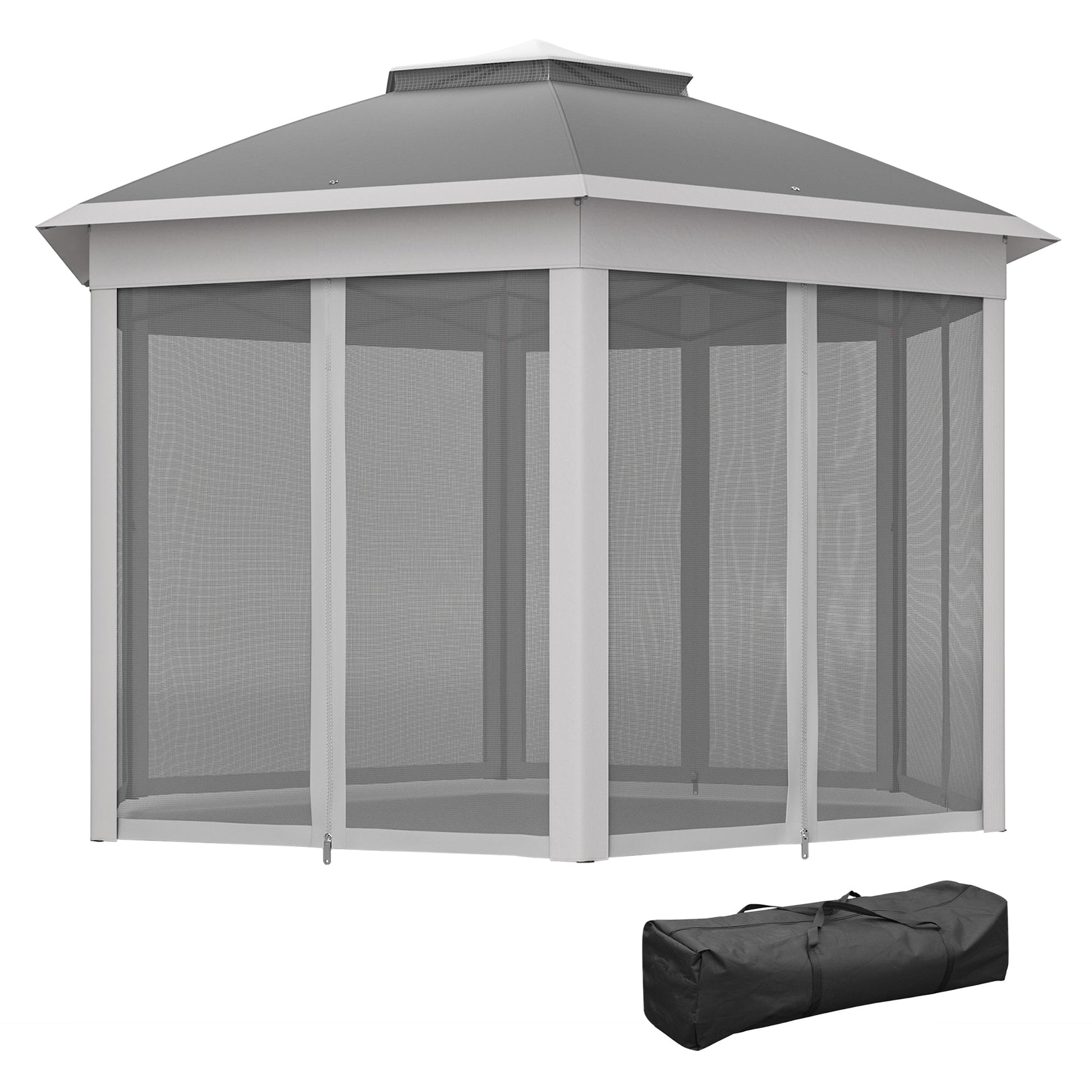 3 x 4m Garden Gazebo Hexagon Pop Up Party Tent Canopy Double Roof Instant Shelter with Netting and Carry Bag for Outdoor Patio, Dark Grey
