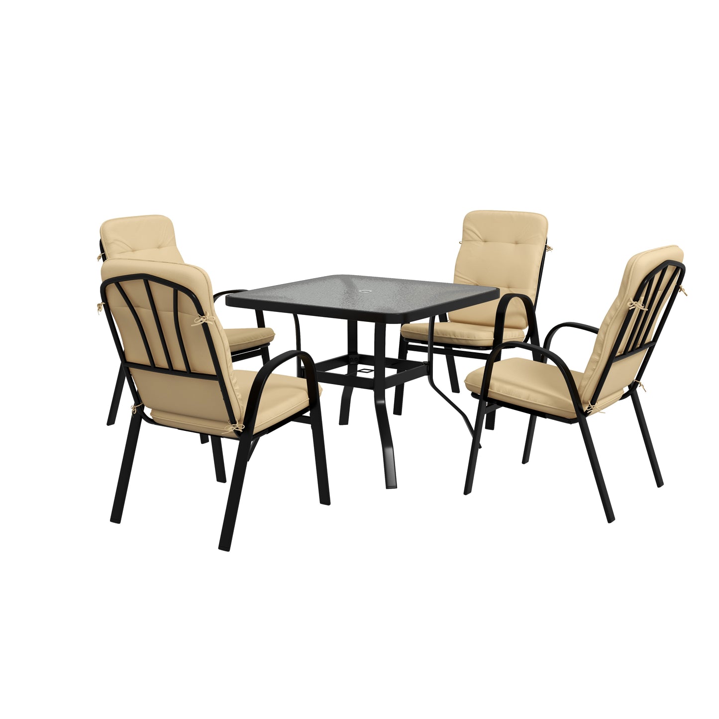 5 Pieces Garden Dining Set, Outdoor Square Dining Table and 4 Cushioned Armchairs, Tempered Glass Top Table w/ Umbrella Hole, Texteline Seats, Beige