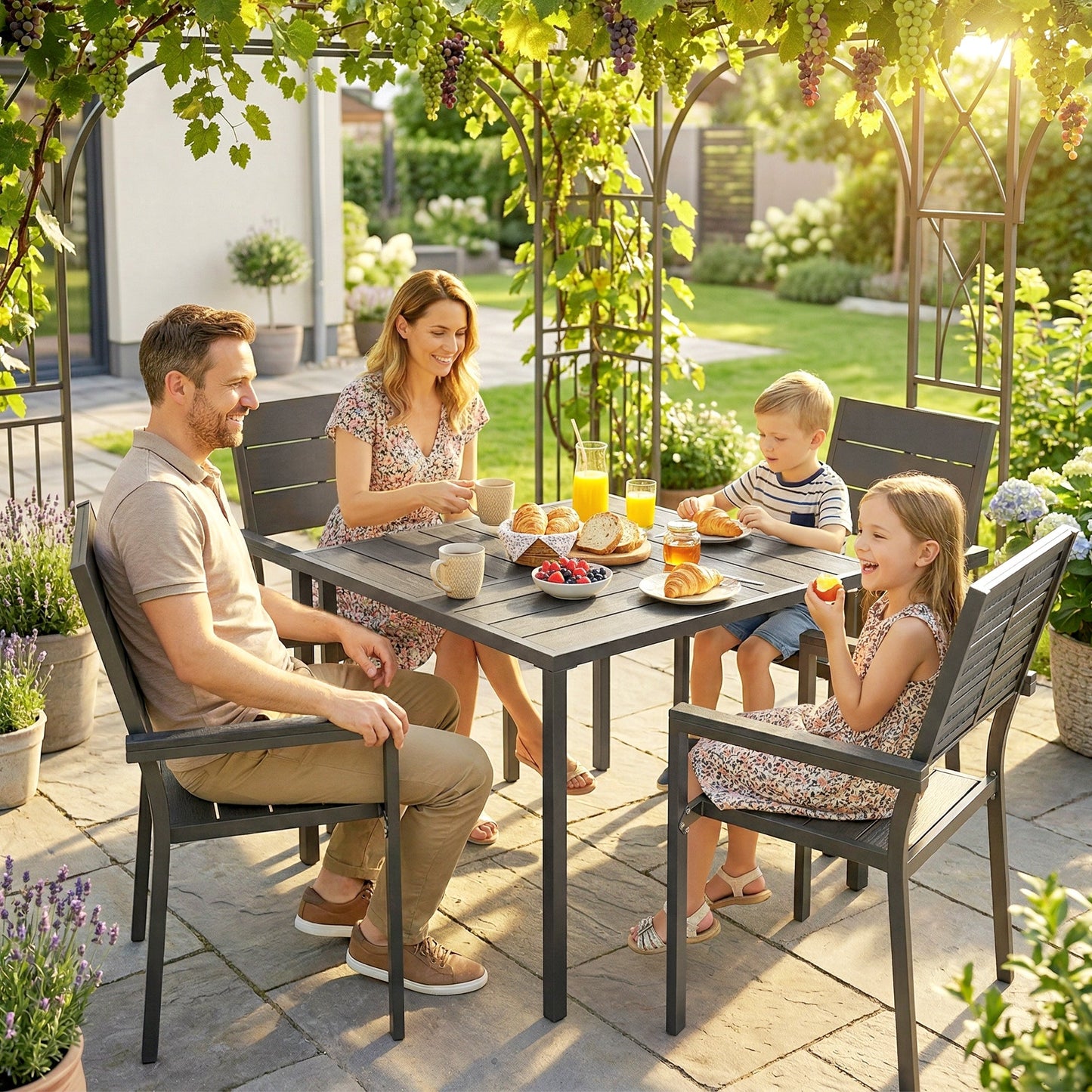 5 Pieces Garden Dining Set, Garden Table and Chairs Set for 4 with Square HDPE Table and Chairs with Armrests, Outdoor Furniture for Patio Porch Terrace, Black