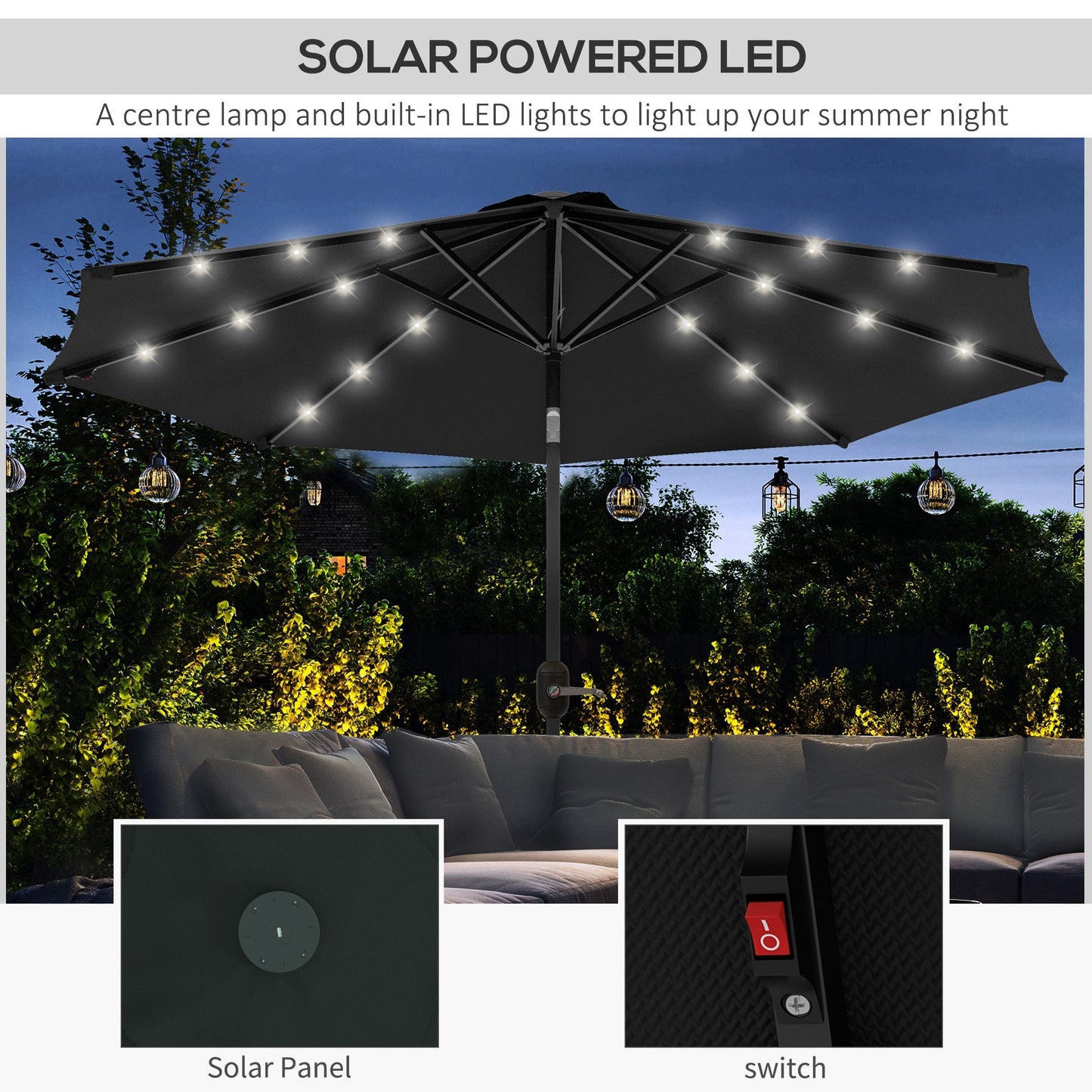 2.7m Patio Garden Umbrella Outdoor Parasol with Tilt Crank and 24 LEDs Lights (Black)