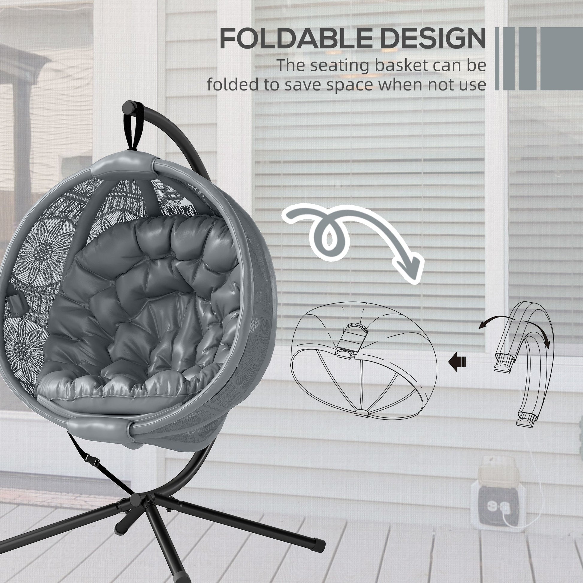Outdoor Hanging Chair, Swing Chair with Metal Stand, Thick Padded Cushion, Foldable Basket and Side Pocket, for Indoor and Outdoor, Charcoal Grey