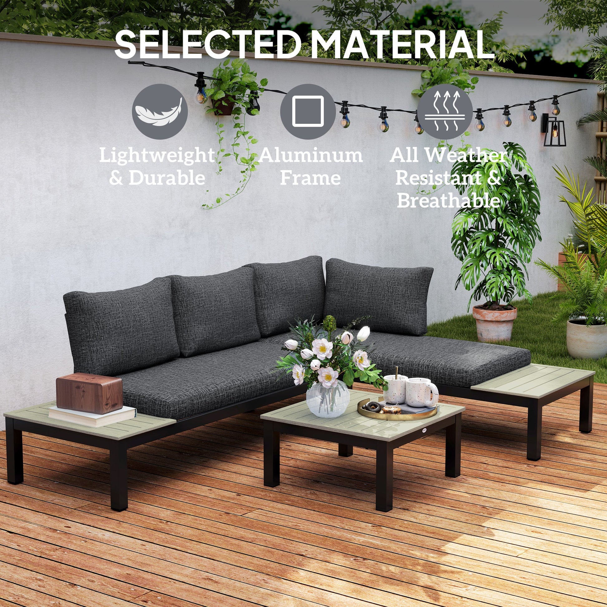 3 Pieces Garden Furniture Set, Aluminium 4 Seater Corner Sofa Set with 2 Loveseats, Coffee Table and Side Trays, Outdoor Conversation Furniture with Cushions for Garden, Dark Grey