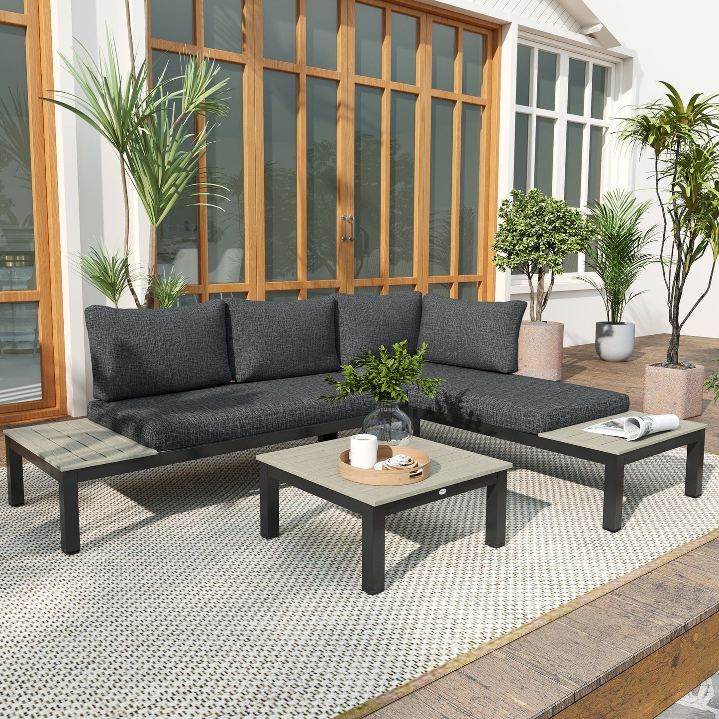 3 Pieces Garden Furniture Set, Aluminium 4 Seater Corner Sofa Set with 2 Loveseats, Coffee Table and Side Trays, Outdoor Conversation Furniture with Cushions for Garden, Dark Grey