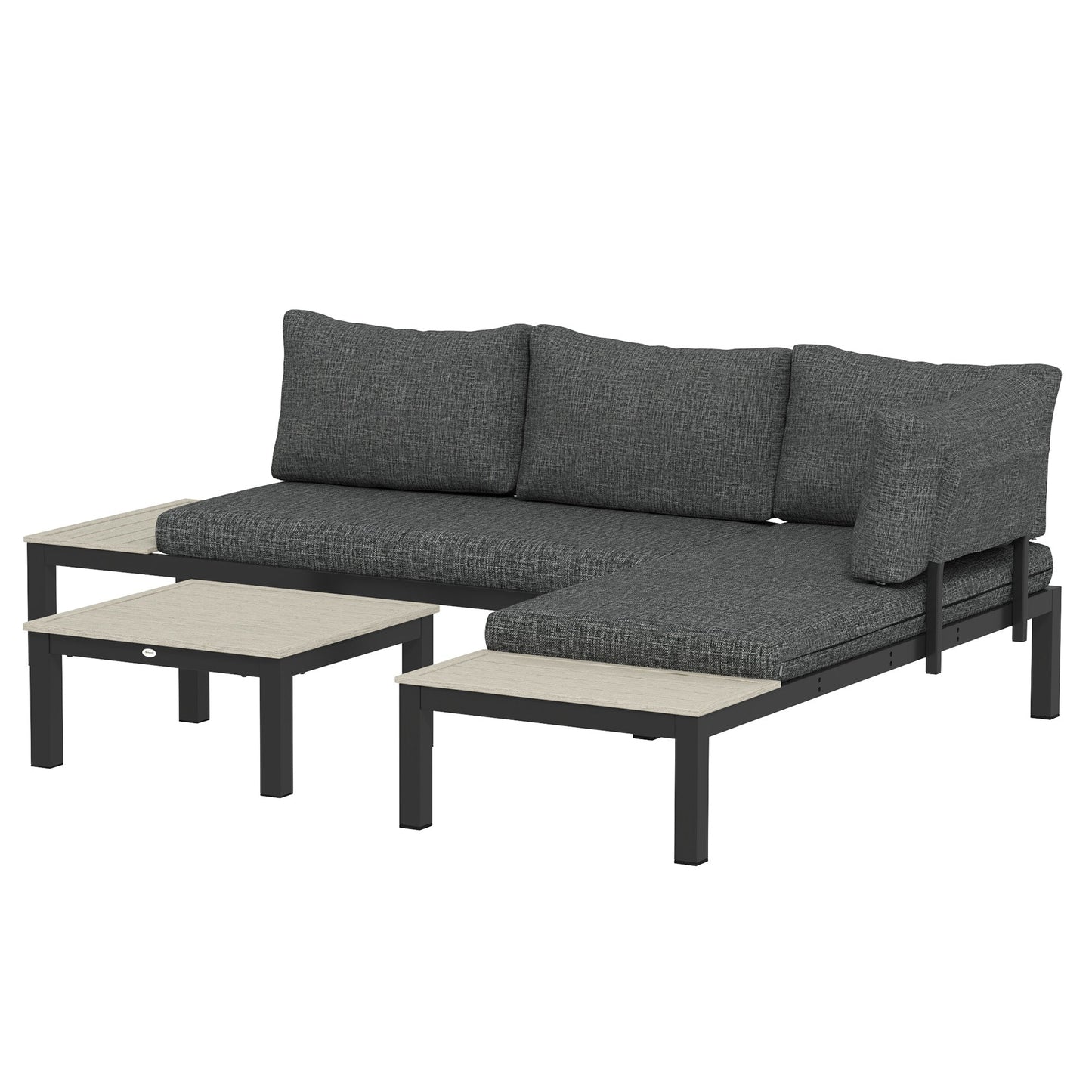 3 Pieces Garden Furniture Set, Aluminium 4 Seater Corner Sofa Set with 2 Loveseats, Coffee Table and Side Trays, Outdoor Conversation Furniture with Cushions for Garden, Dark Grey