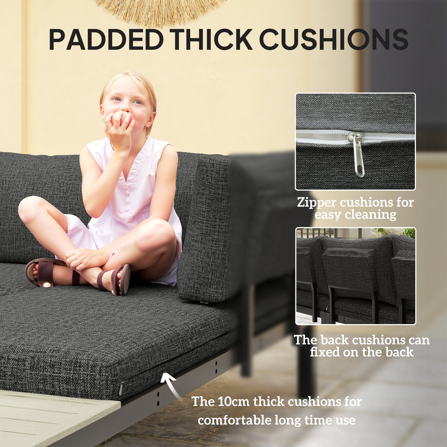 3 Pieces Garden Furniture Set, Aluminium 4 Seater Corner Sofa Set with 2 Loveseats, Coffee Table and Side Trays, Outdoor Conversation Furniture with Cushions for Garden, Dark Grey