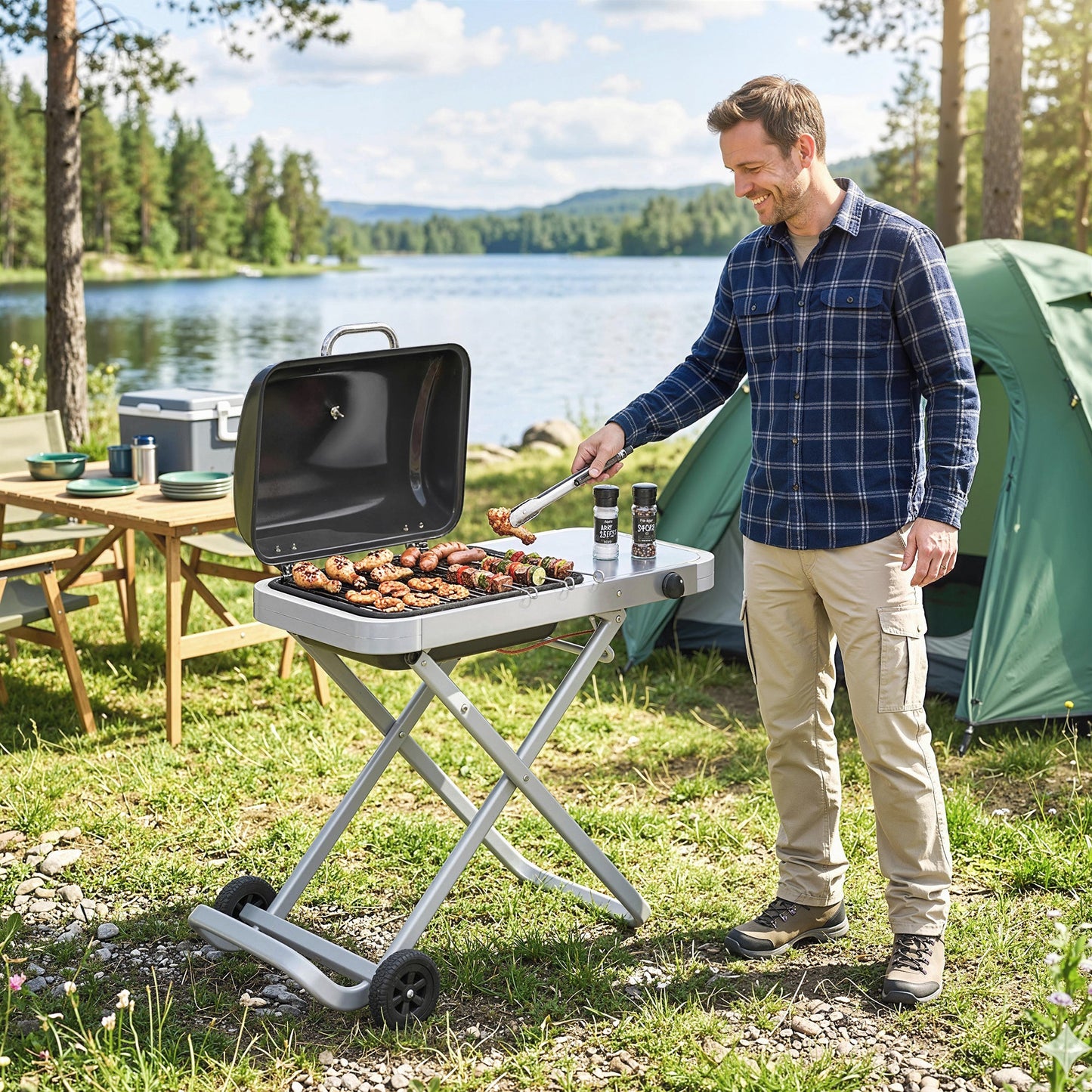 Foldable Gas BBQ Grill with Side Table, Portable Gas Barbecue Grill with Folding Trolley, Thermometer, Grease Box, Wheels for Garden Party Camping Picnic Outdoor Cooking, 2.5 kW, Black