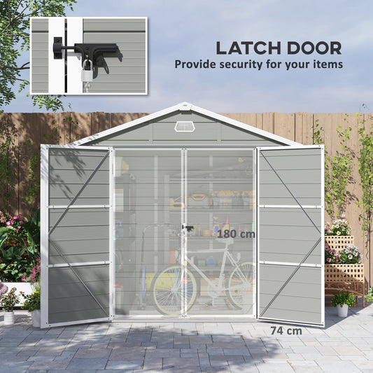 8 x 6ft Plastic Garden Storage Shed with Foundation Kit, Polypropylene Outdoor Storage Tool House with Ventilation Slots and Lockable Door, Light Grey
