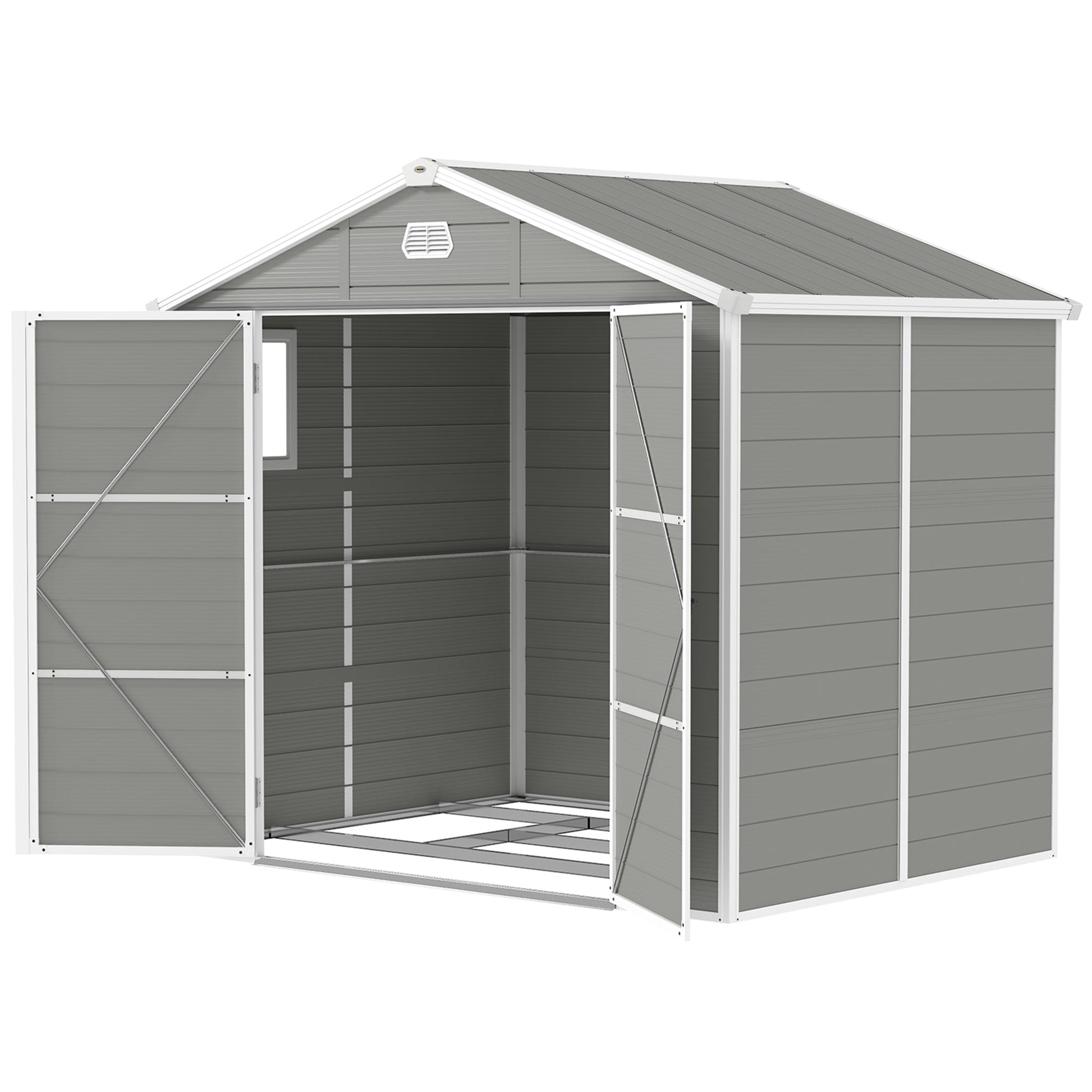 8 x 6ft Plastic Garden Storage Shed with Foundation Kit, Polypropylene Outdoor Storage Tool House with Ventilation Slots and Lockable Door, Light Grey