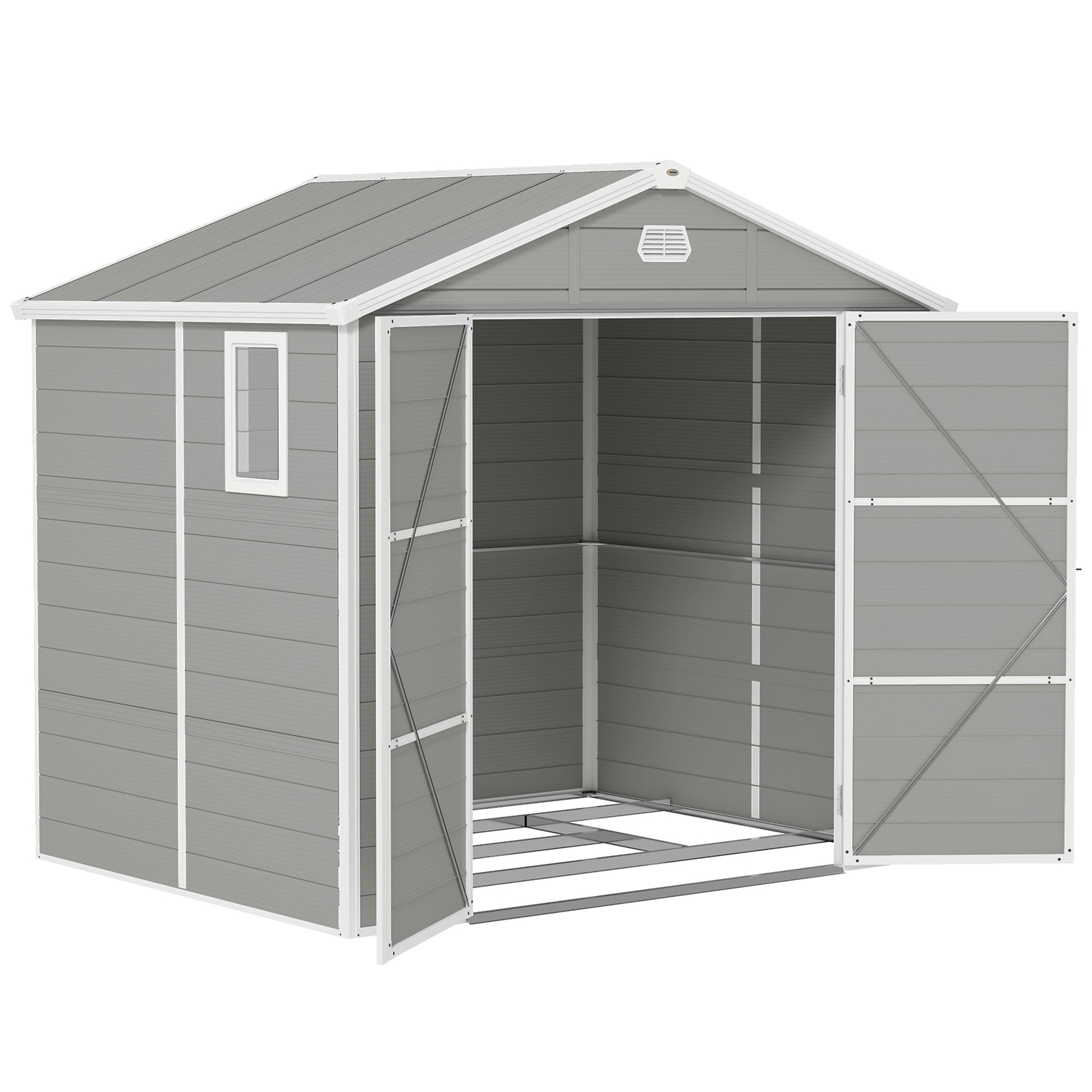 8 x 6ft Plastic Garden Storage Shed with Foundation Kit, Polypropylene Outdoor Storage Tool House with Ventilation Slots and Lockable Door, Light Grey