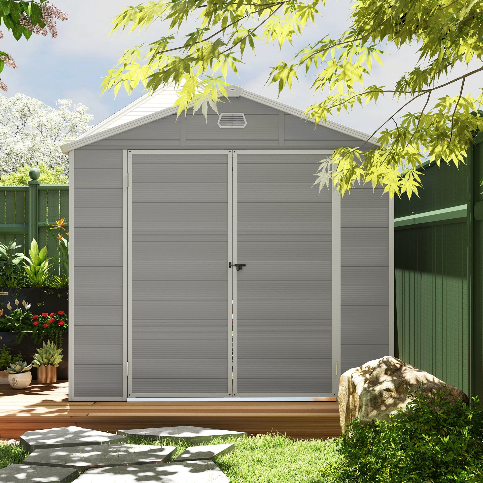 8 x 6ft Plastic Garden Storage Shed with Foundation Kit, Polypropylene Outdoor Storage Tool House with Ventilation Slots and Lockable Door, Light Grey