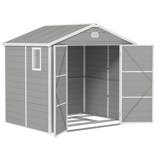8 x 6ft Plastic Garden Storage Shed with Foundation Kit, Polypropylene Outdoor Storage Tool House with Ventilation Slots and Lockable Door, Light Grey