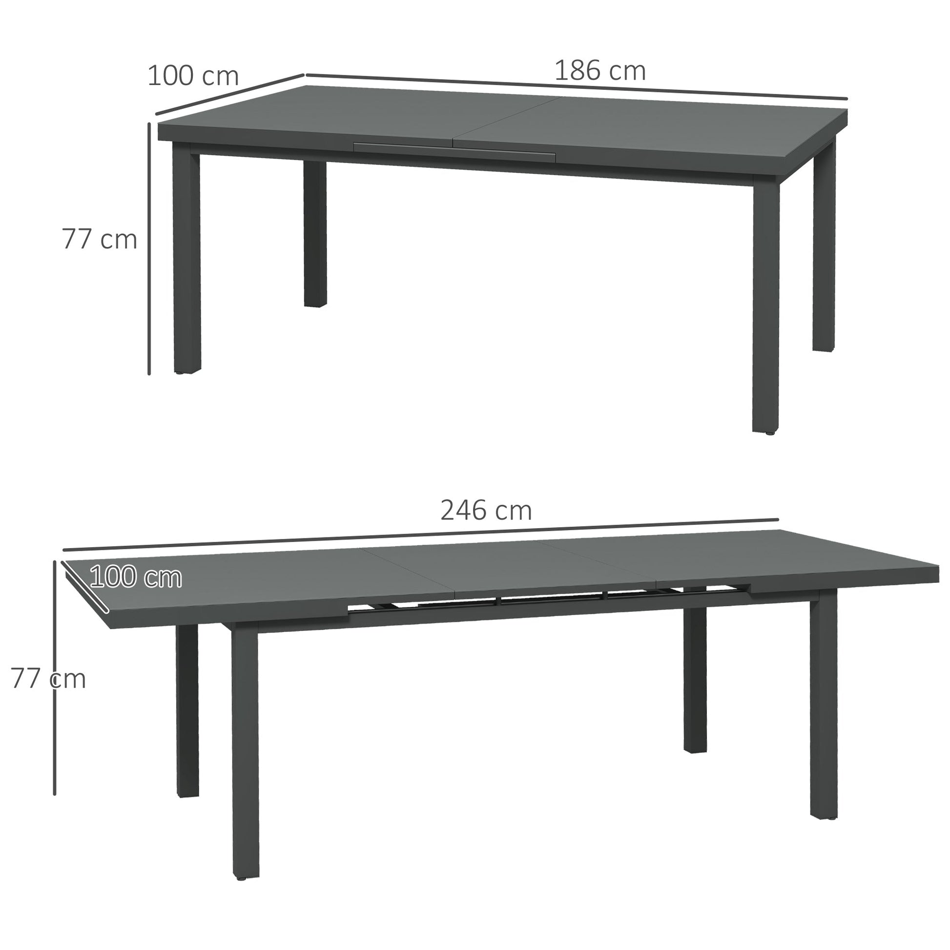Extending Garden Table, Rectangle Outdoor Dining Table for 6-8, Aluminium Frame, for Lawn Balcony - Charcoal Grey