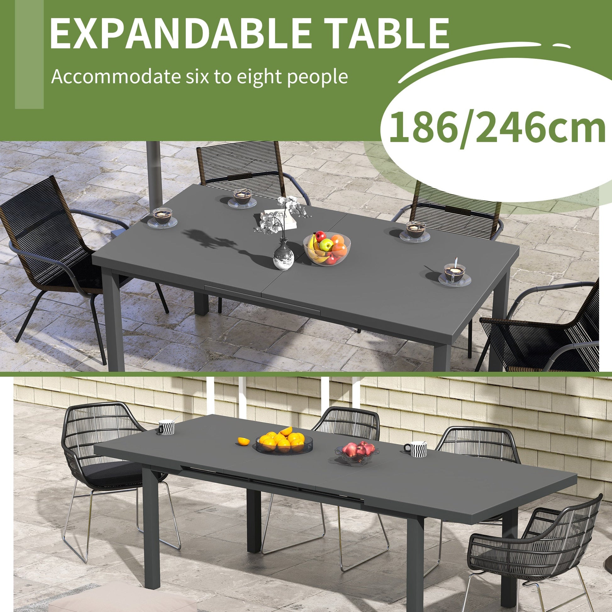 Extending Garden Table, Rectangle Outdoor Dining Table for 6-8, Aluminium Frame, for Lawn Balcony - Charcoal Grey