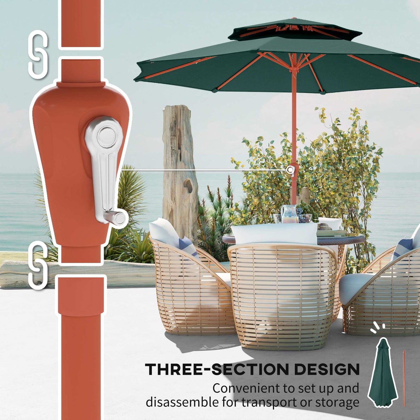 Patio Umbrella with Crank, Double Top Outdoor Market Table Umbrella for Garden, Patio,104'' x 104'', Green