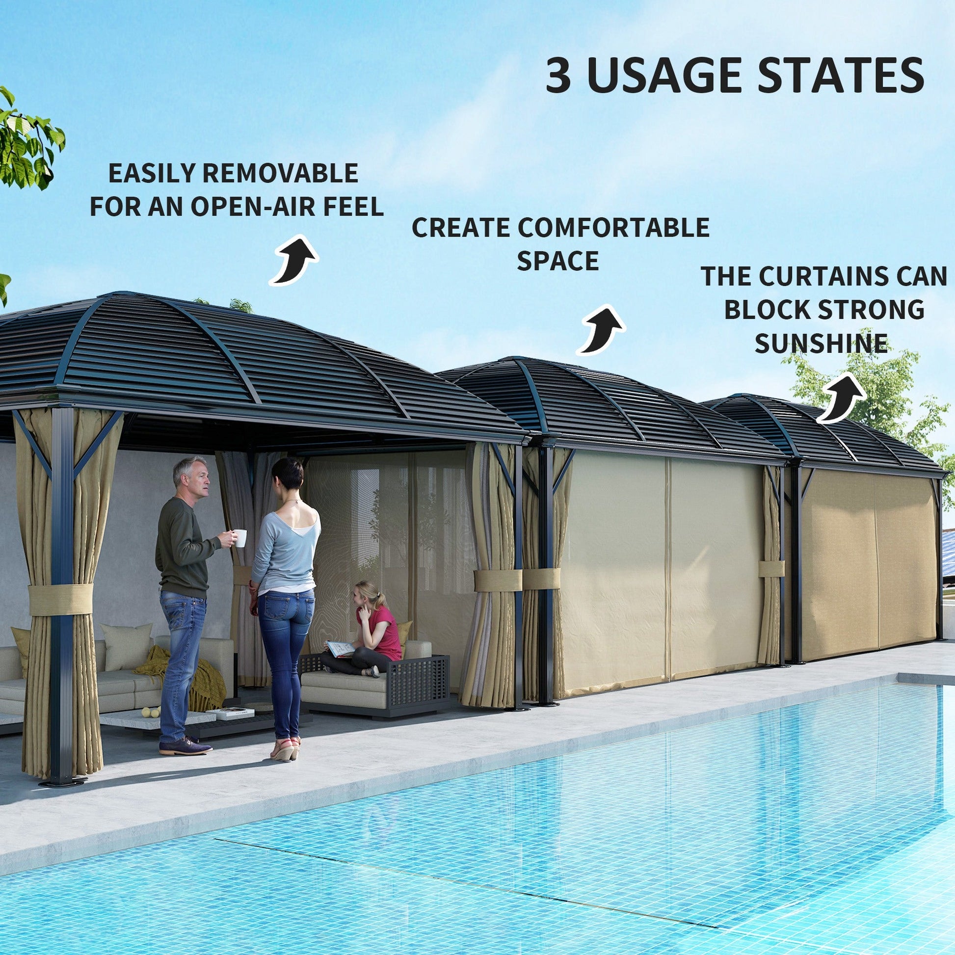 3 x 4m Hardtop Gazebo Canopy with Metal Roof, Aluminium Gazebo Permanent Pavilion with Netting and Curtains, Brown