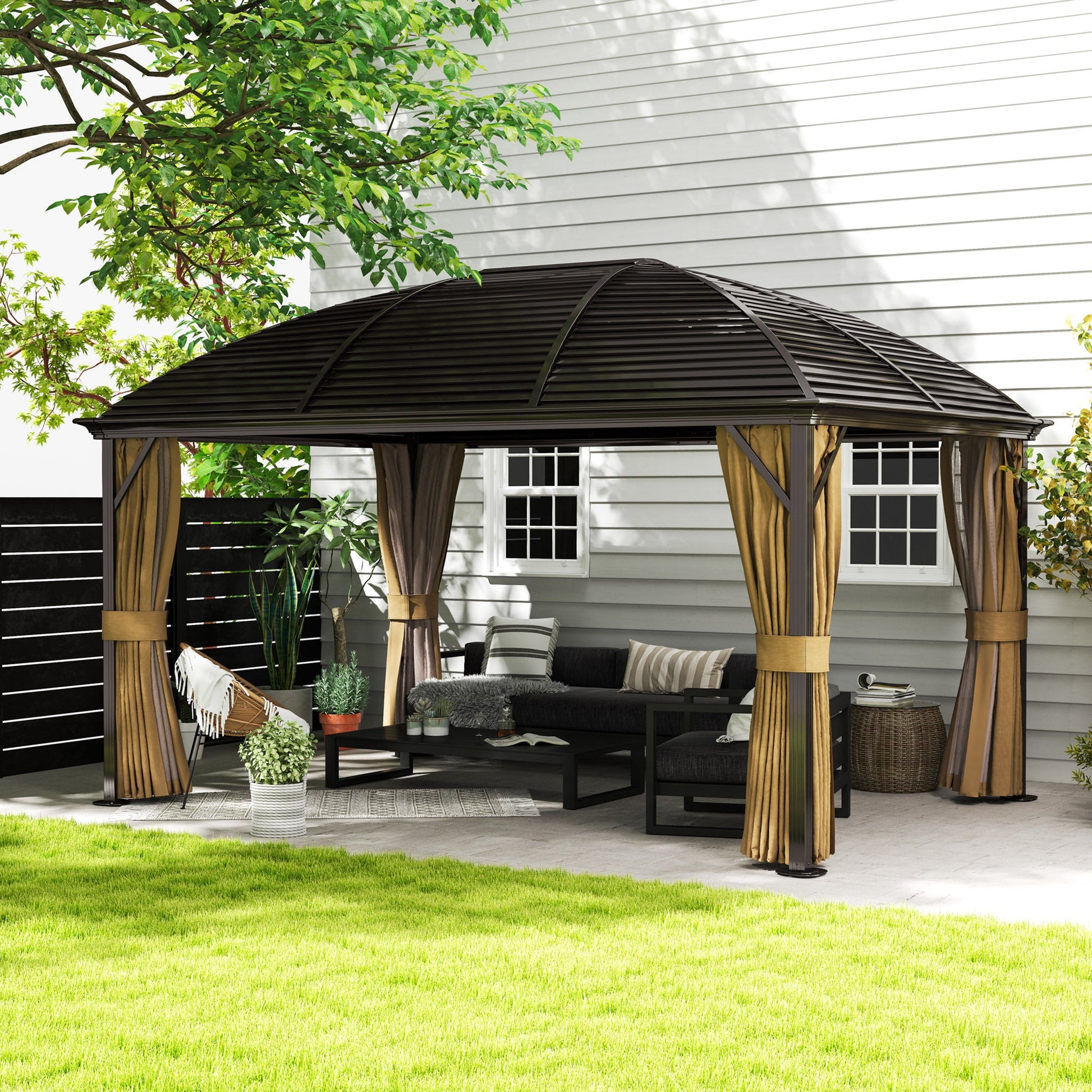 3 x 4m Hardtop Gazebo Canopy with Metal Roof, Aluminium Gazebo Permanent Pavilion with Netting and Curtains, Brown