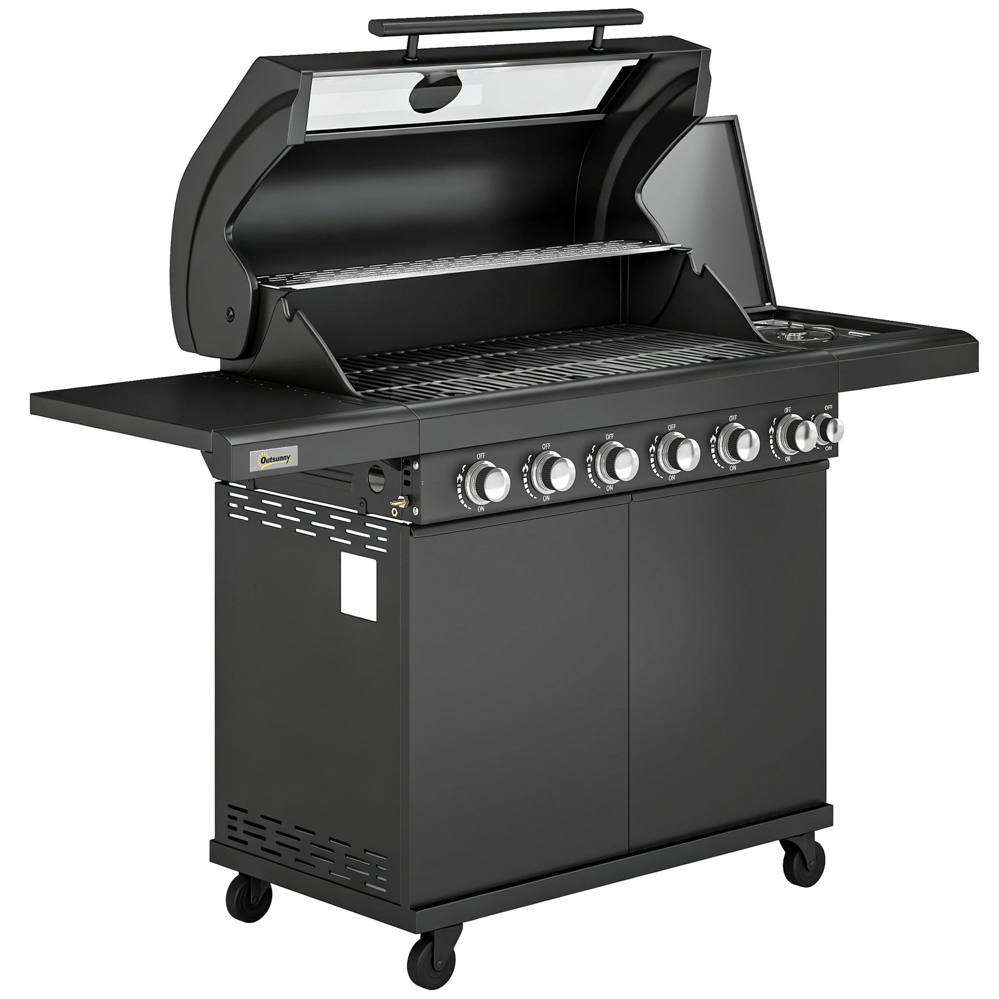 6+1 Burner Gas BBQ Grill, Portable Outdoor Barbecue Trolley with Wheels, Warming Rack, Built-in Thermometer, Side Shelves, Cabinet, Bottle Opener, Lid with Viewing Window, Black
