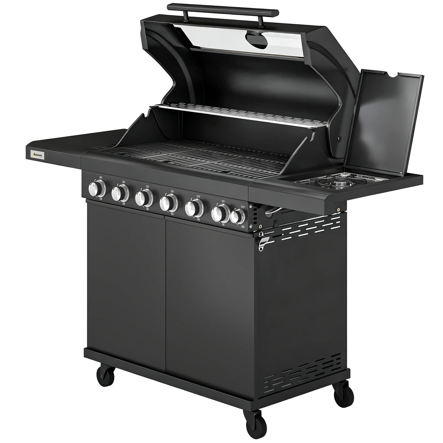 6+1 Burner Gas BBQ Grill, Portable Outdoor Barbecue Trolley with Wheels, Warming Rack, Built-in Thermometer, Side Shelves, Cabinet, Bottle Opener, Lid with Viewing Window, Black