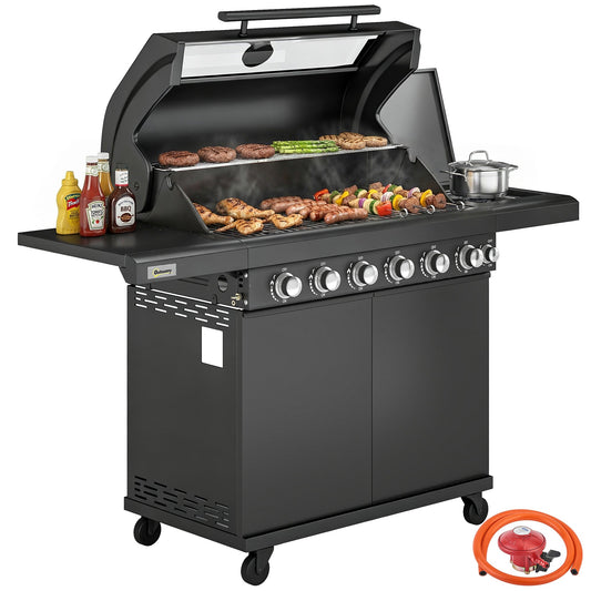 6+1 Burner Gas BBQ Grill, Portable Outdoor Barbecue Trolley with Wheels, Warming Rack, Built-in Thermometer, Side Shelves, Cabinet, Bottle Opener, Lid with Viewing Window, Black