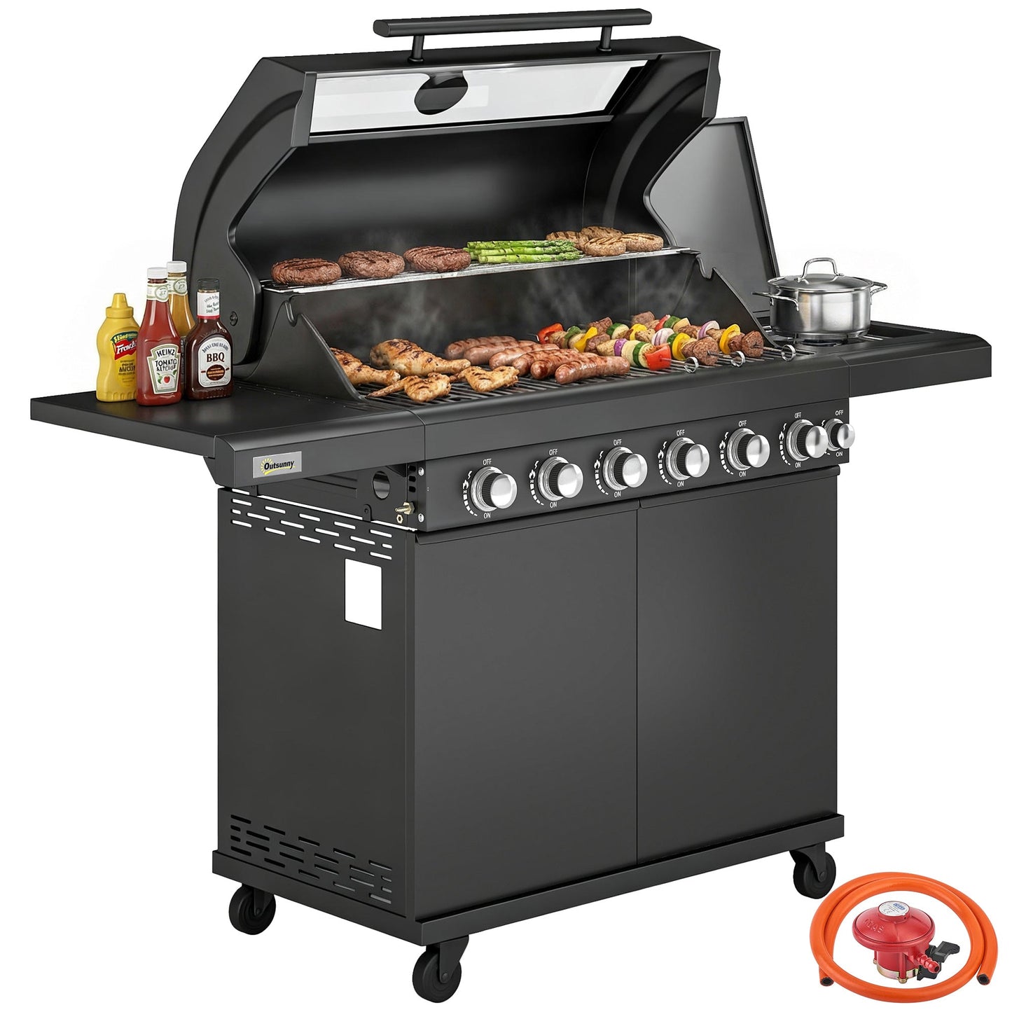 6+1 Burner Gas BBQ Grill, Portable Outdoor Barbecue Trolley with Wheels, Warming Rack, Built-in Thermometer, Side Shelves, Cabinet, Bottle Opener, Lid with Viewing Window, Black