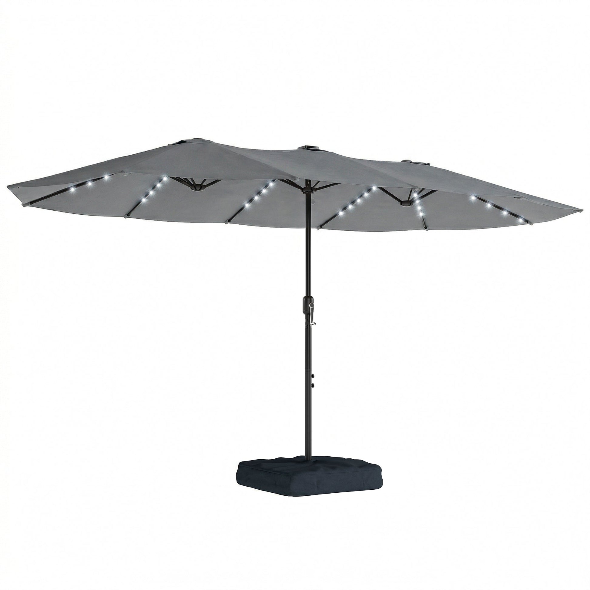 4.5m Garden Parasol Double Sided Umbrella with Base and Sandbags, 60 Solar Powered LED Lights, Patio Umbrella with Crank Handle, Ribs, Water Repellent, Grey