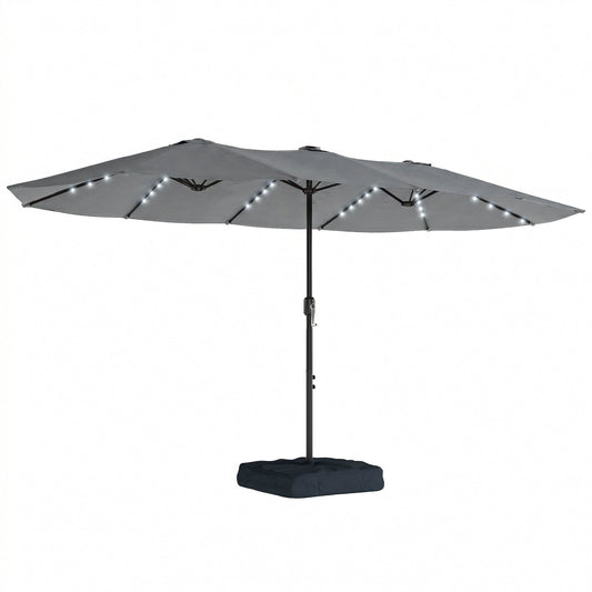 4.5m Garden Parasol Double Sided Umbrella with Base and Sandbags, 60 Solar Powered LED Lights, Patio Umbrella with Crank Handle, Ribs, Water Repellent, Grey