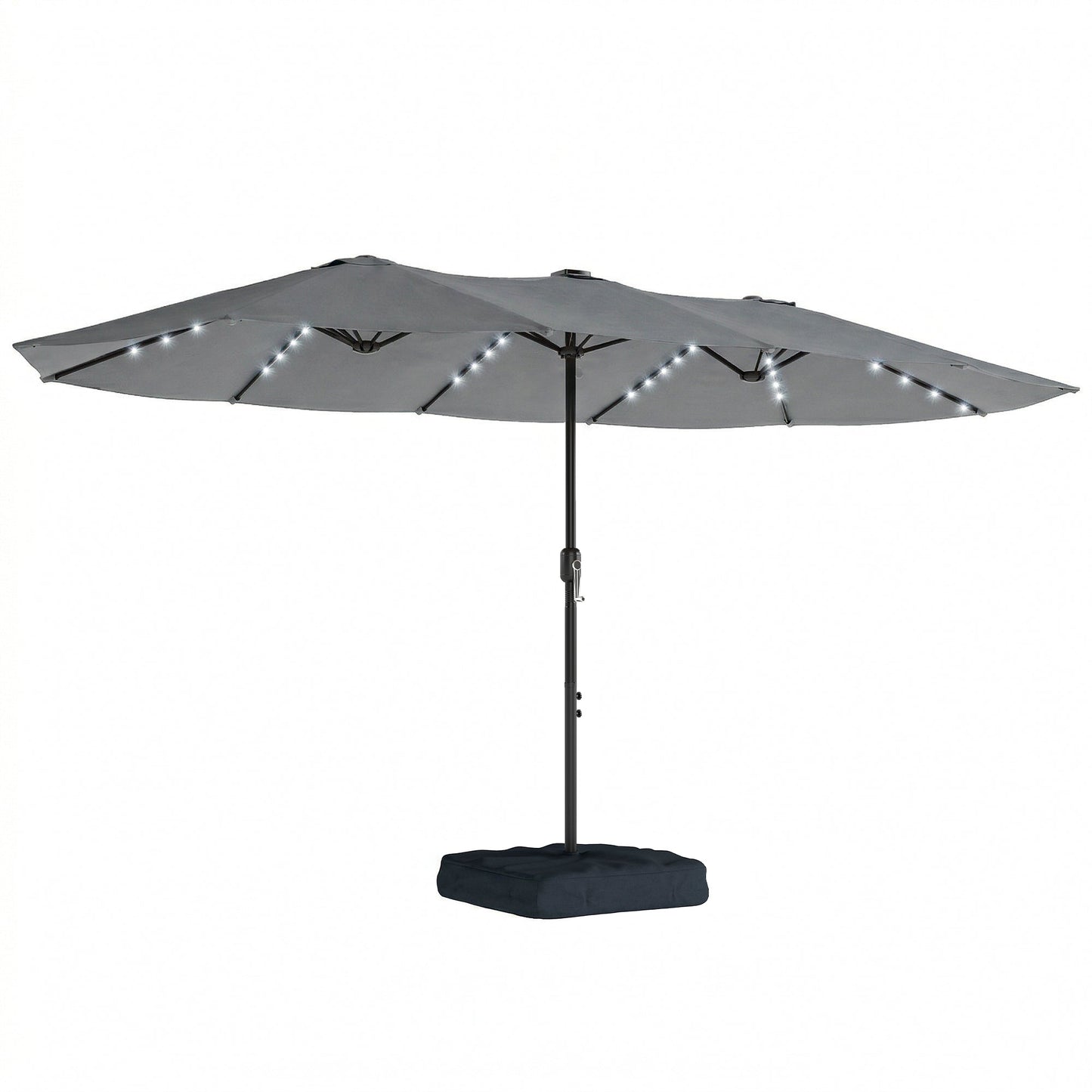4.5m Garden Parasol Double Sided Umbrella with Base and Sandbags, 60 Solar Powered LED Lights, Patio Umbrella with Crank Handle, Ribs, Water Repellent, Grey