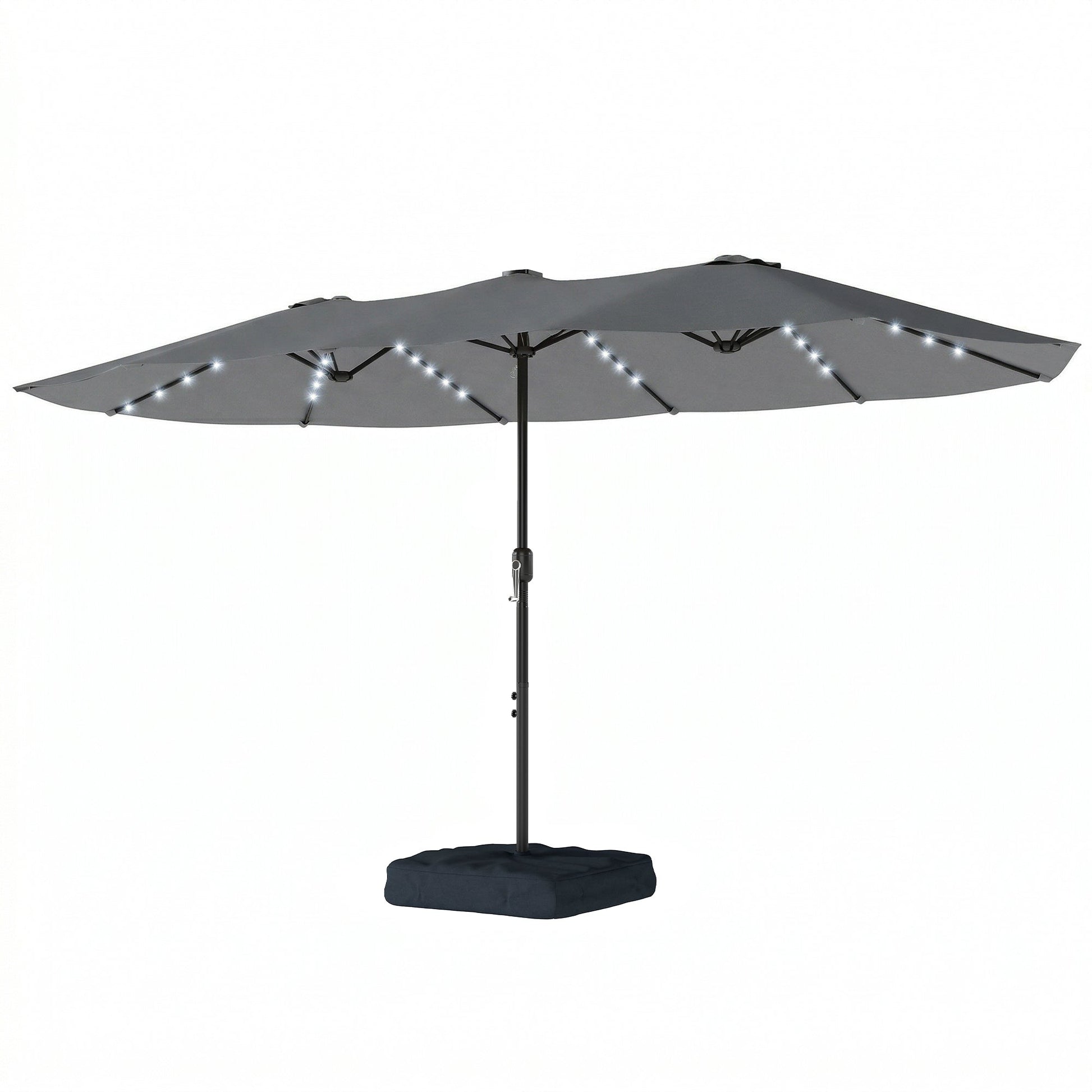 4.5m Garden Parasol Double Sided Umbrella with Base and Sandbags, 60 Solar Powered LED Lights, Patio Umbrella with Crank Handle, Ribs, Water Repellent, Grey