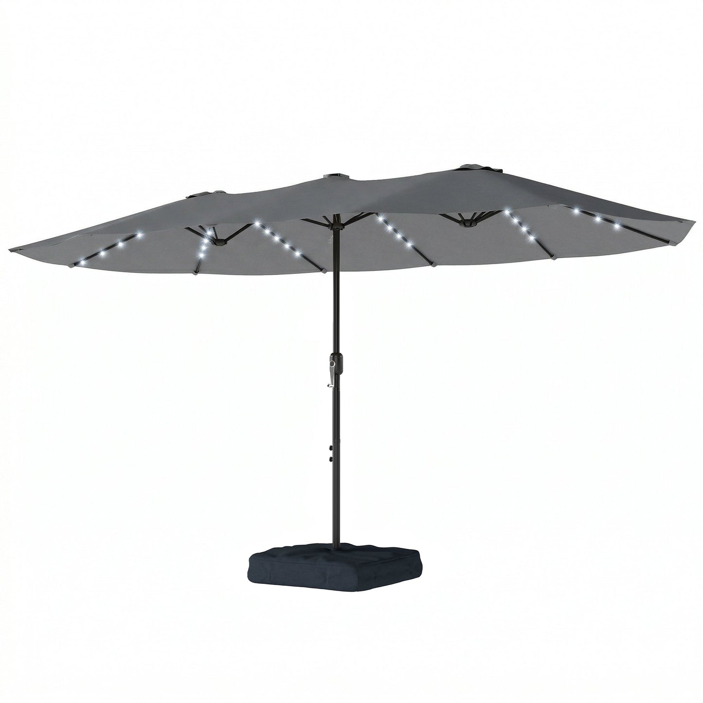 4.5m Garden Parasol Double Sided Umbrella with Base and Sandbags, 60 Solar Powered LED Lights, Patio Umbrella with Crank Handle, Ribs, Water Repellent, Grey