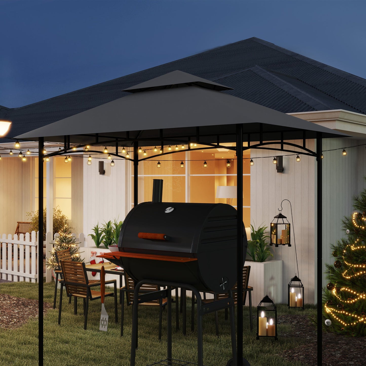 Grill Gazebo Replacement Canopy Roof for 1.5 x 2.4m Frame, UPF50+ Protection, Double Tiered 5' x 8' Outdoor BBQ Gazebo Cover Replacement, TOP COVER ONLY, Dark Grey
