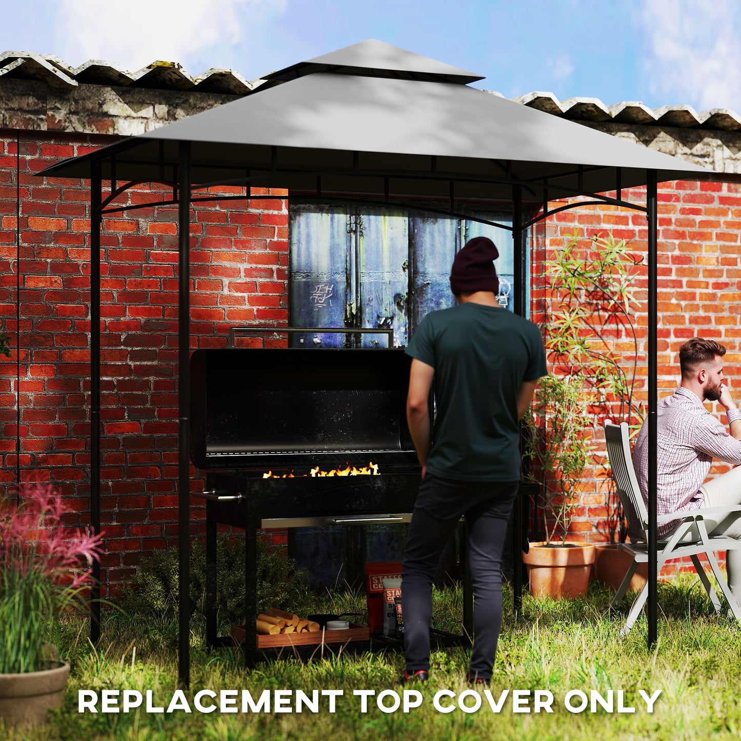 Grill Gazebo Replacement Canopy Roof for 1.5 x 2.4m Frame, UPF50+ Protection, Double Tiered 5' x 8' Outdoor BBQ Gazebo Cover Replacement, TOP COVER ONLY, Dark Grey