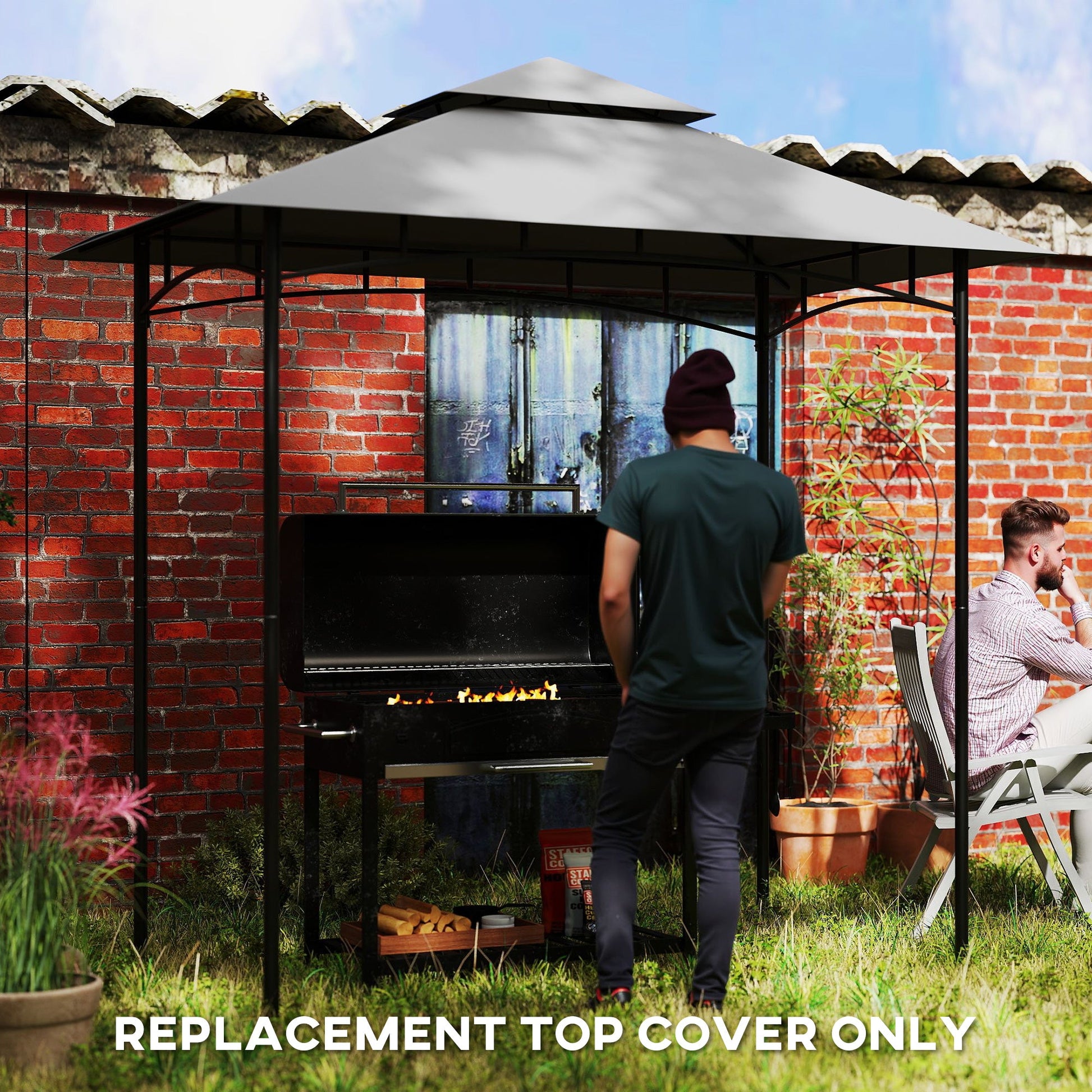 Grill Gazebo Replacement Canopy Roof for 1.5 x 2.4m Frame, UPF50+ Protection, Double Tiered 5' x 8' Outdoor BBQ Gazebo Cover Replacement, TOP COVER ONLY, Dark Grey