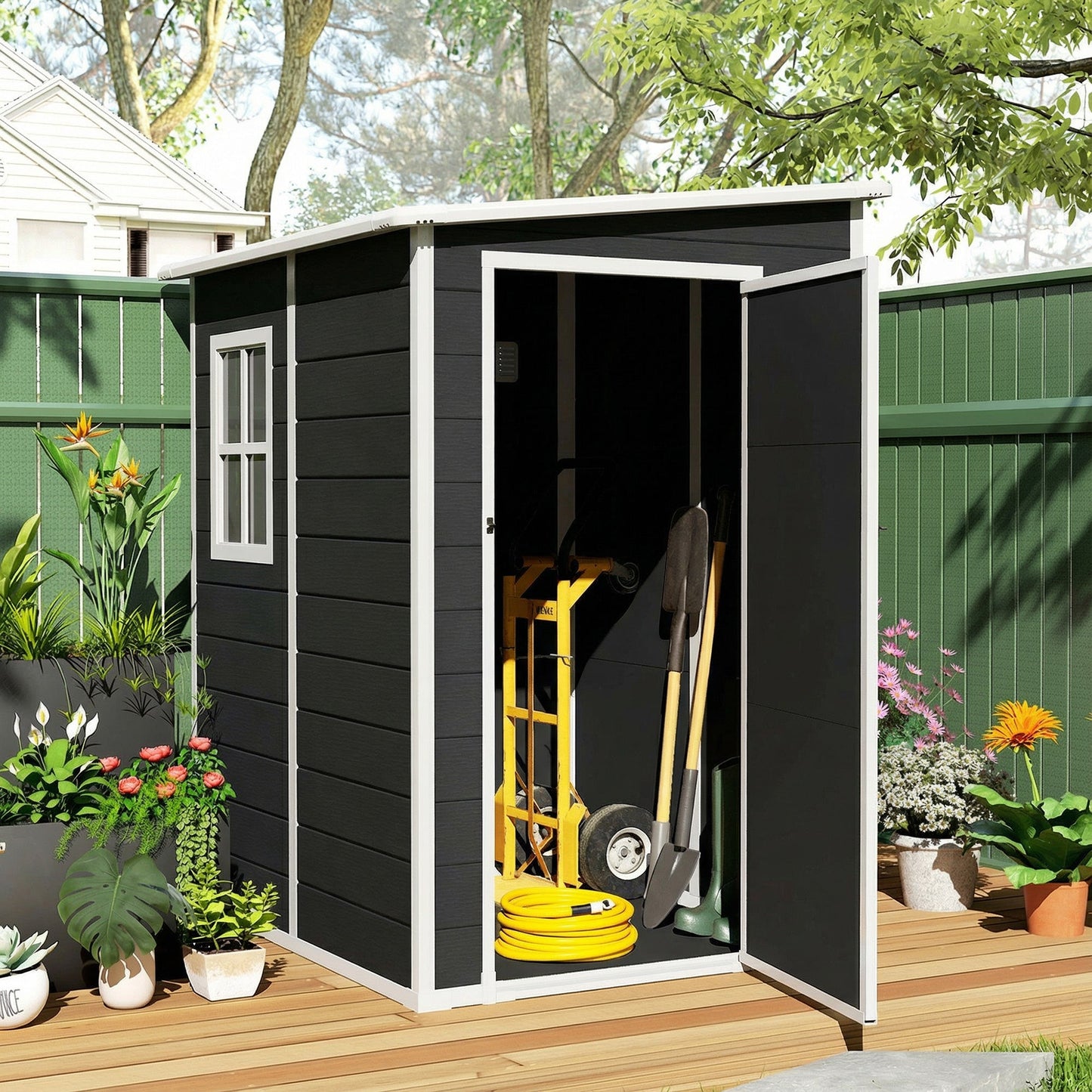 4 x 5FT Plastic Garden Shed with Floor, Lean to Outdoor Storage Shed, Lockable Tool Storage House with Window, Vent and Plastic Roof, Black